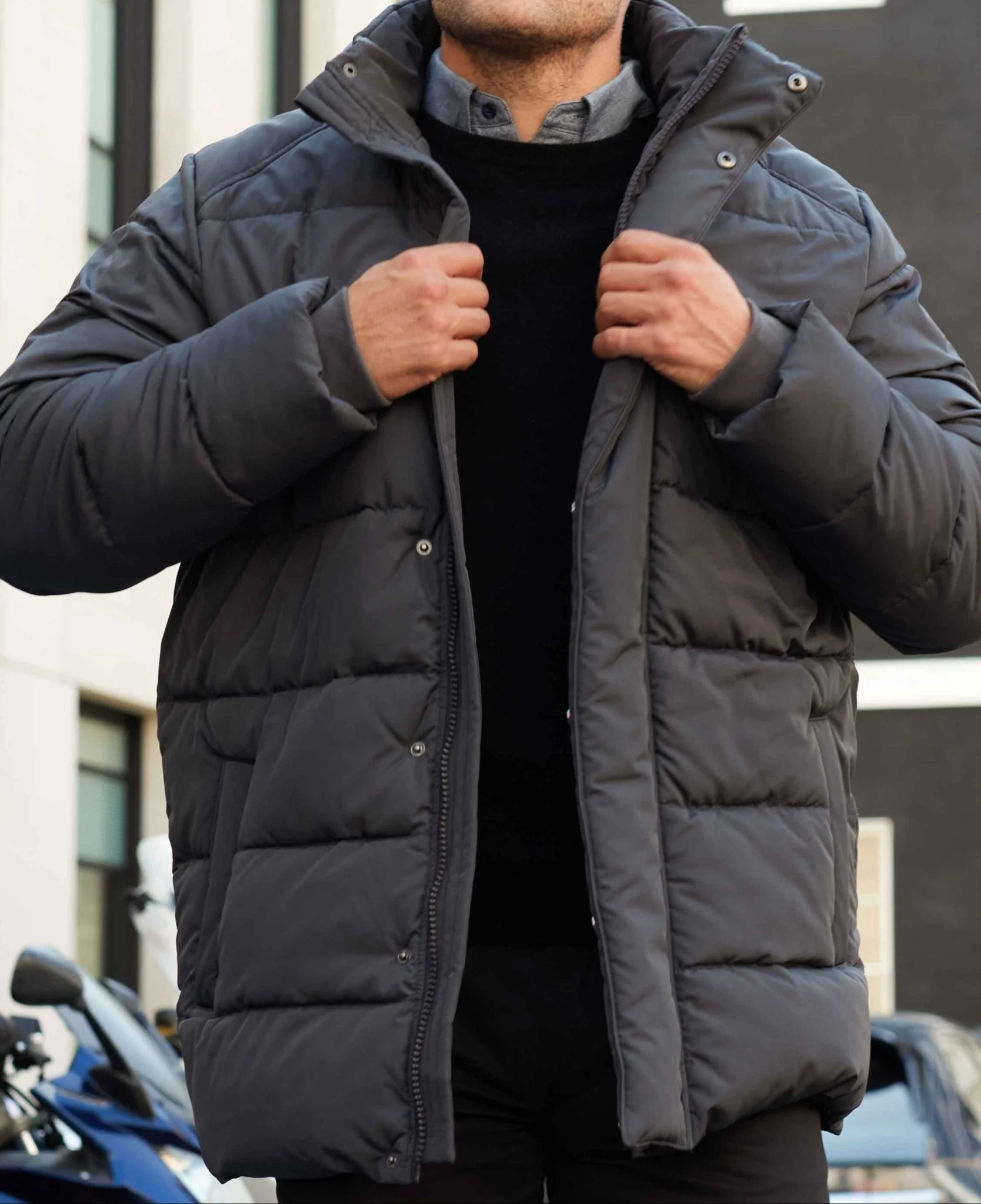 Dark Grey Hooded Puffer Jacket with Rib Knit Storm Cuffs - Image 3