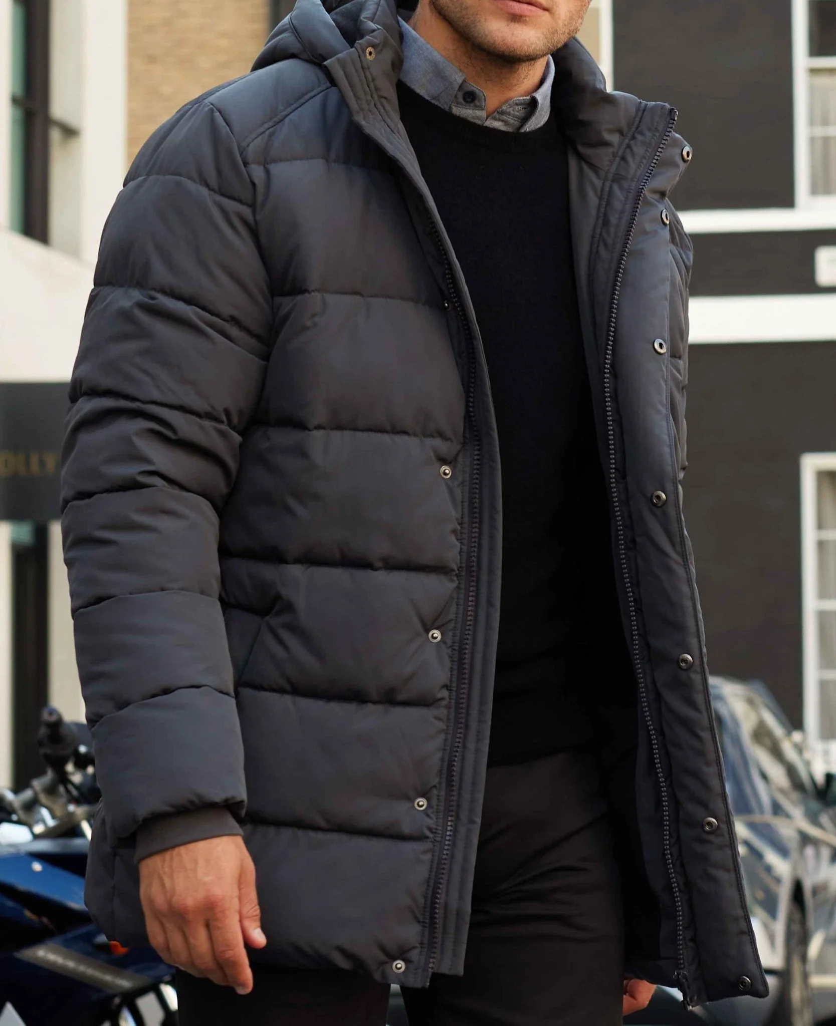 Dark Grey Hooded Puffer Jacket with Rib Knit Storm Cuffs - Image 5