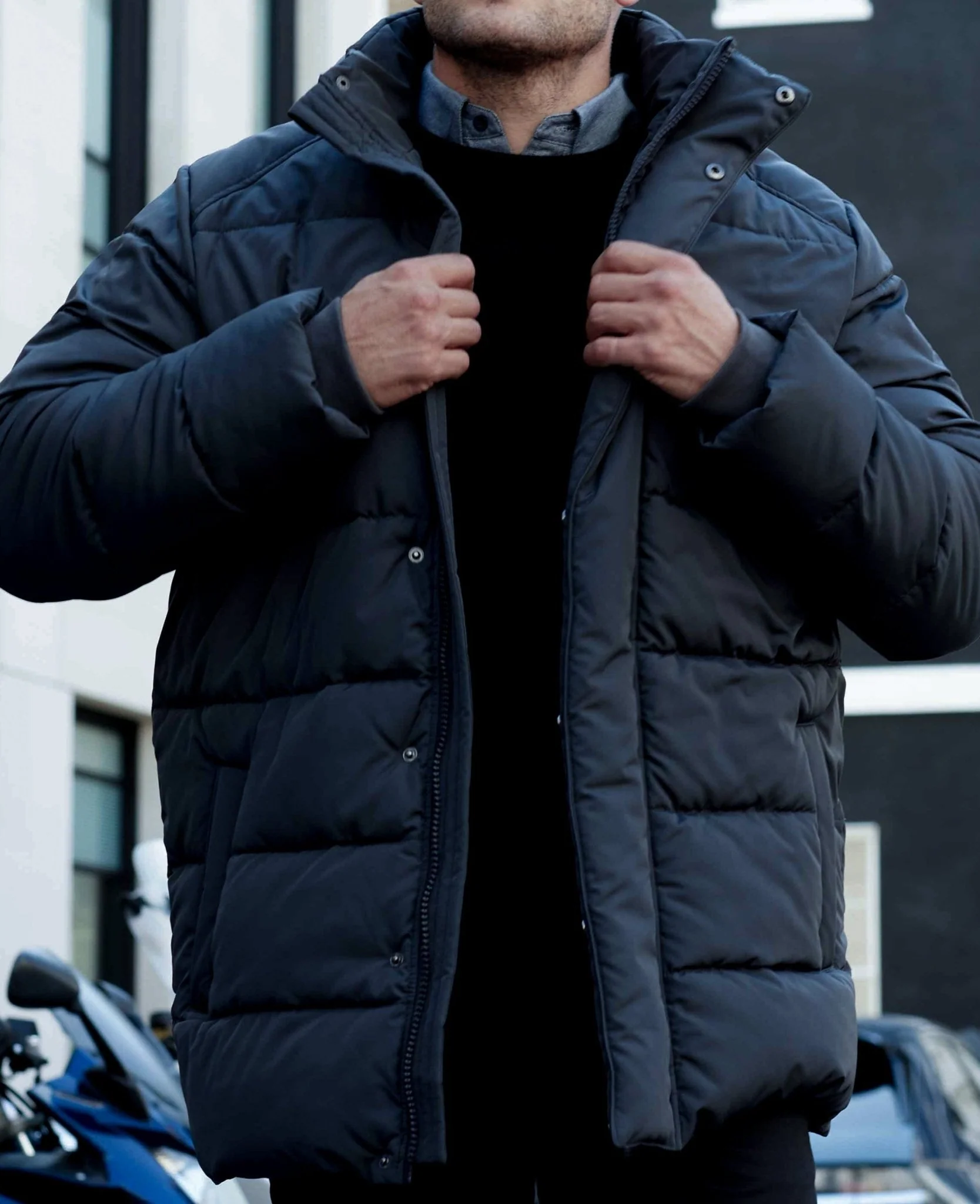 Navy Hooded Puffer Jacket with Rib Knit Storm Cuffs - Image 4