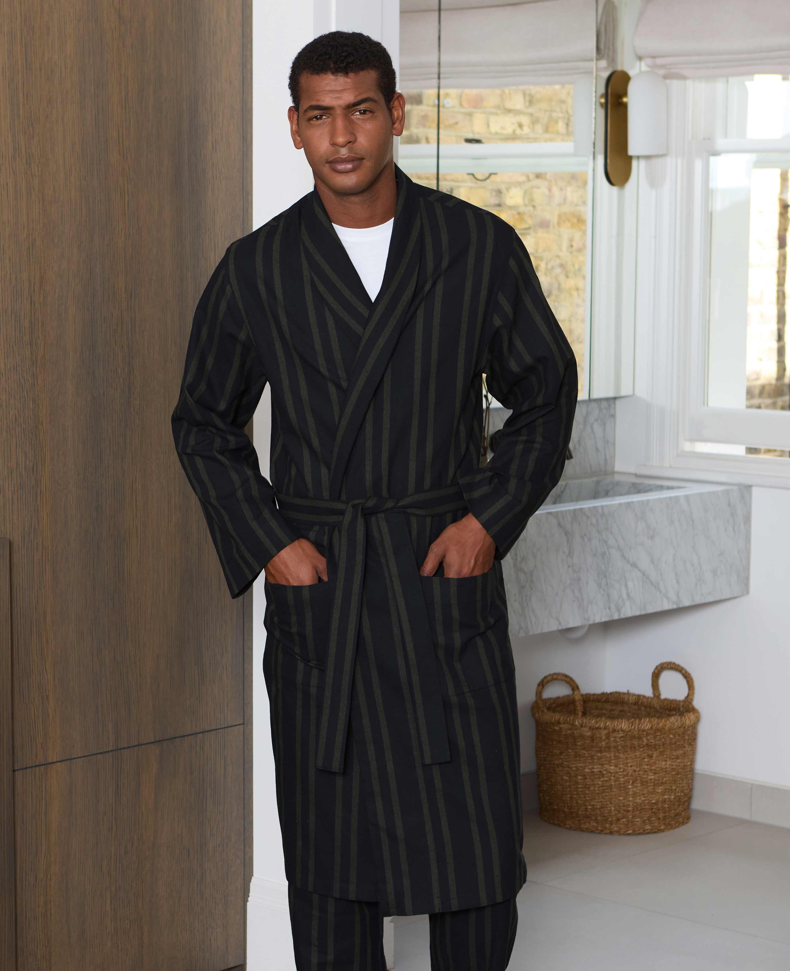 Black Grey Brushed Cotton Twill Striped Dressing Gown - Image 3