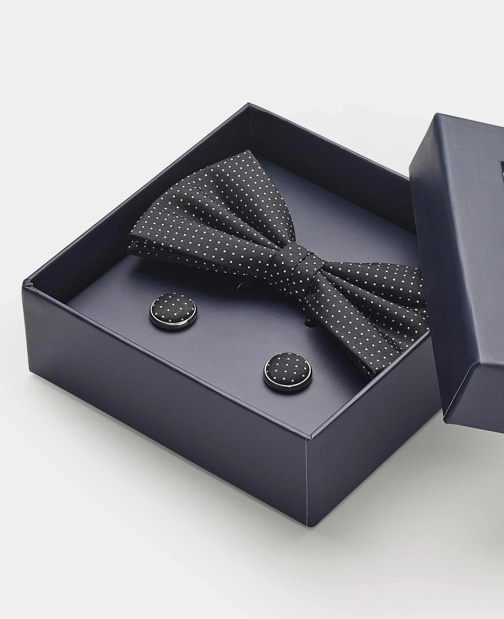 Black Silk Pinspot Ready Bow Tie & Cufflink Set - Image 3