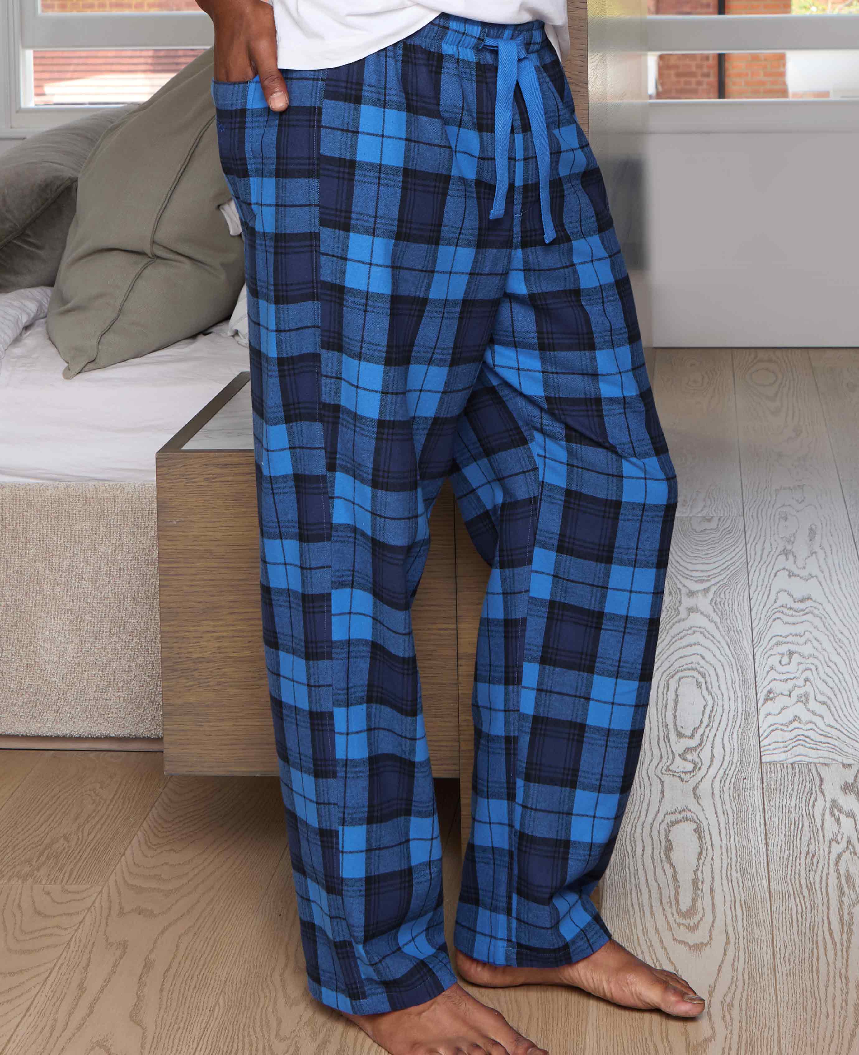 Blue Brushed Cotton Twill Window Check Lounge Pants - Image 3