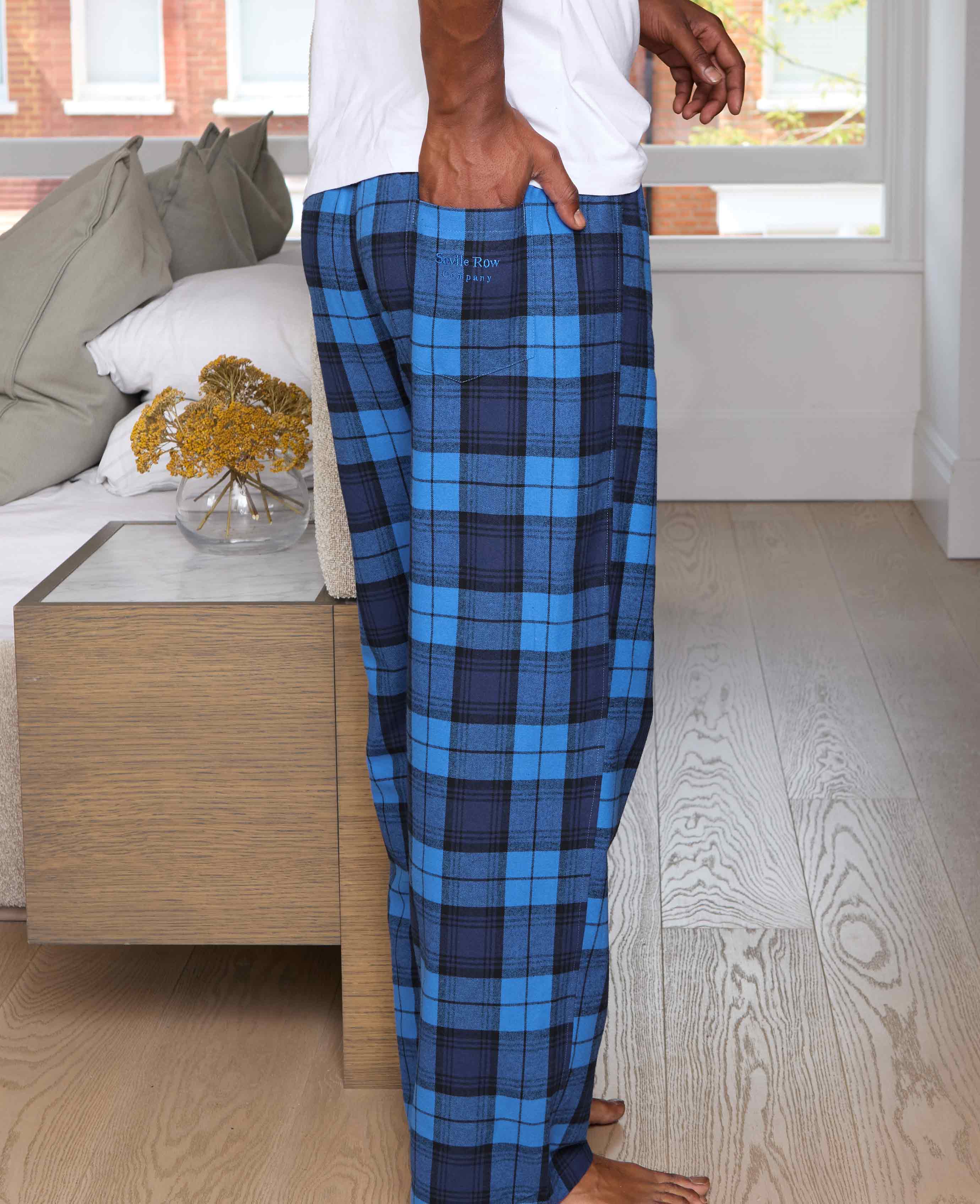 Blue Brushed Cotton Twill Window Check Lounge Pants - Image 5