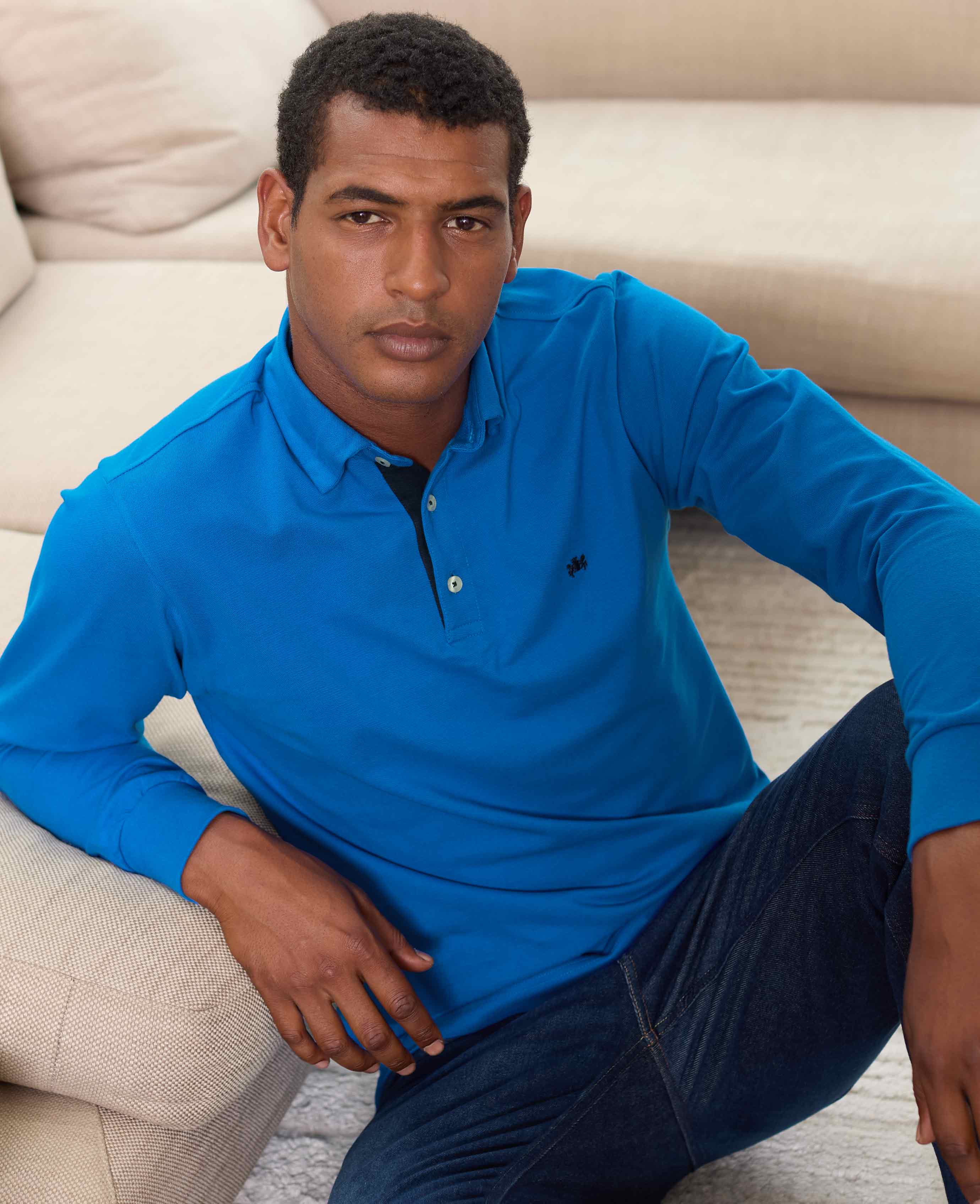 Blue Cotton Pique Long Sleeve Polo Shirt - Image 3