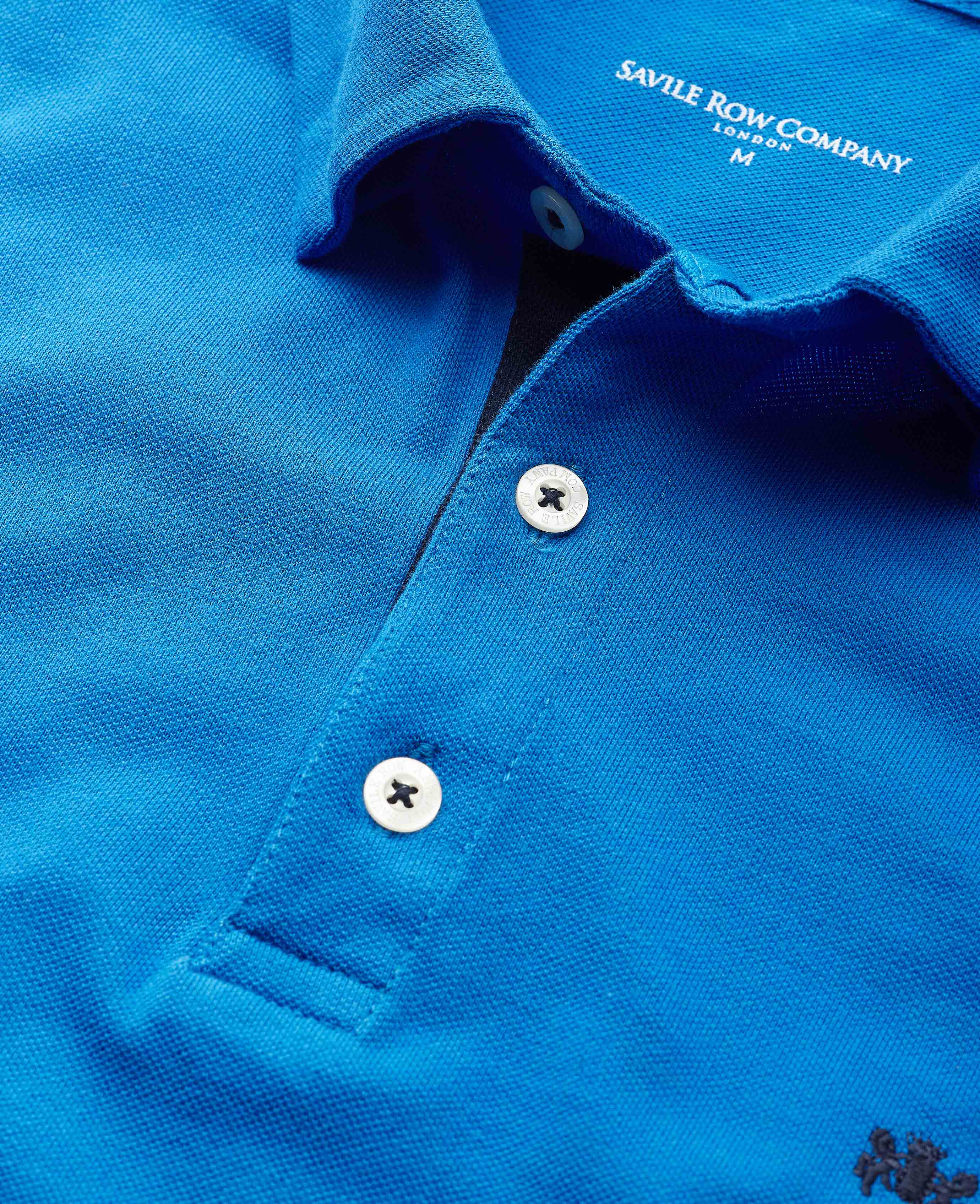 Blue Cotton Pique Long Sleeve Polo Shirt - Image 4