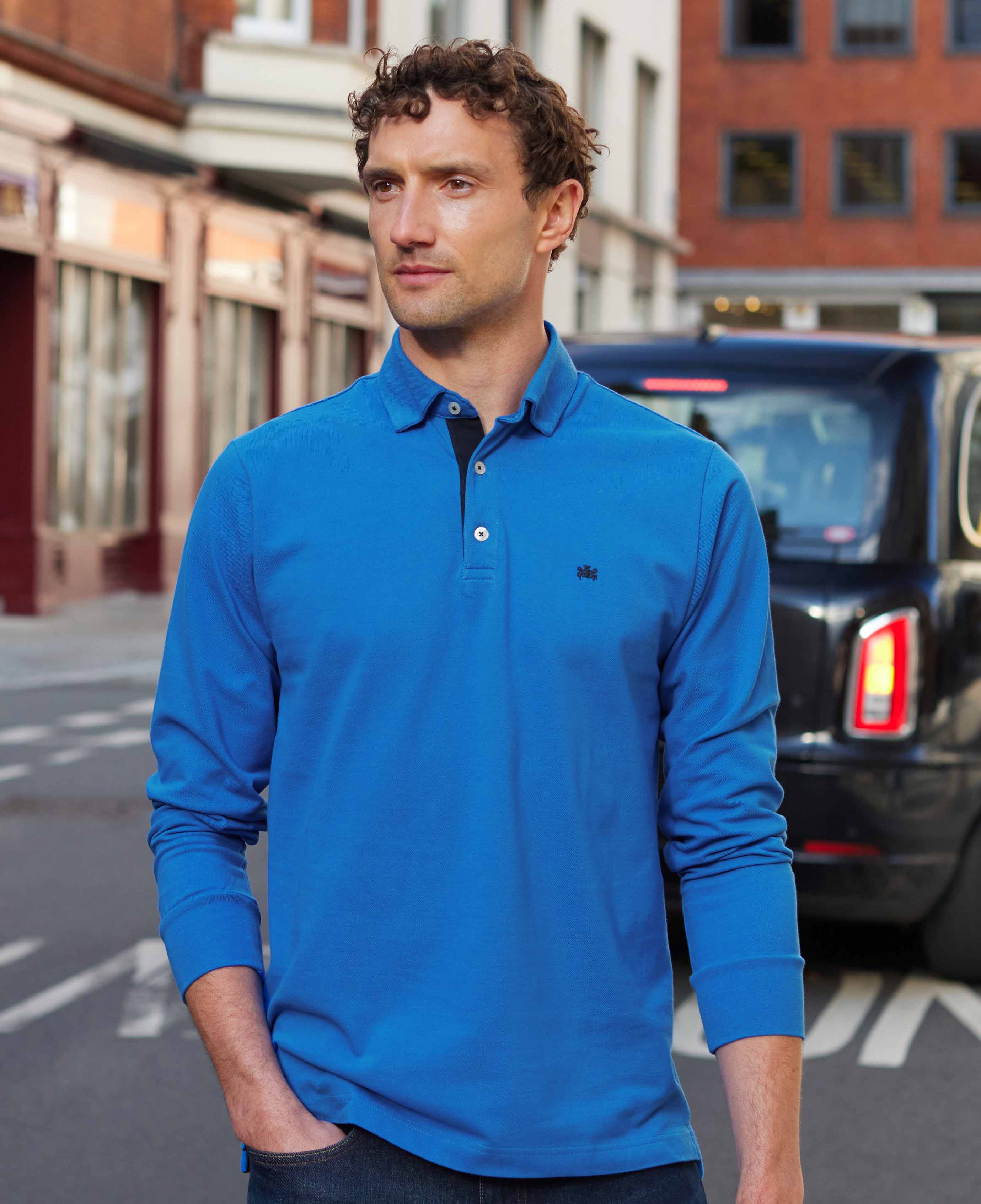Blue Cotton Pique Long Sleeve Polo Shirt - Image 5