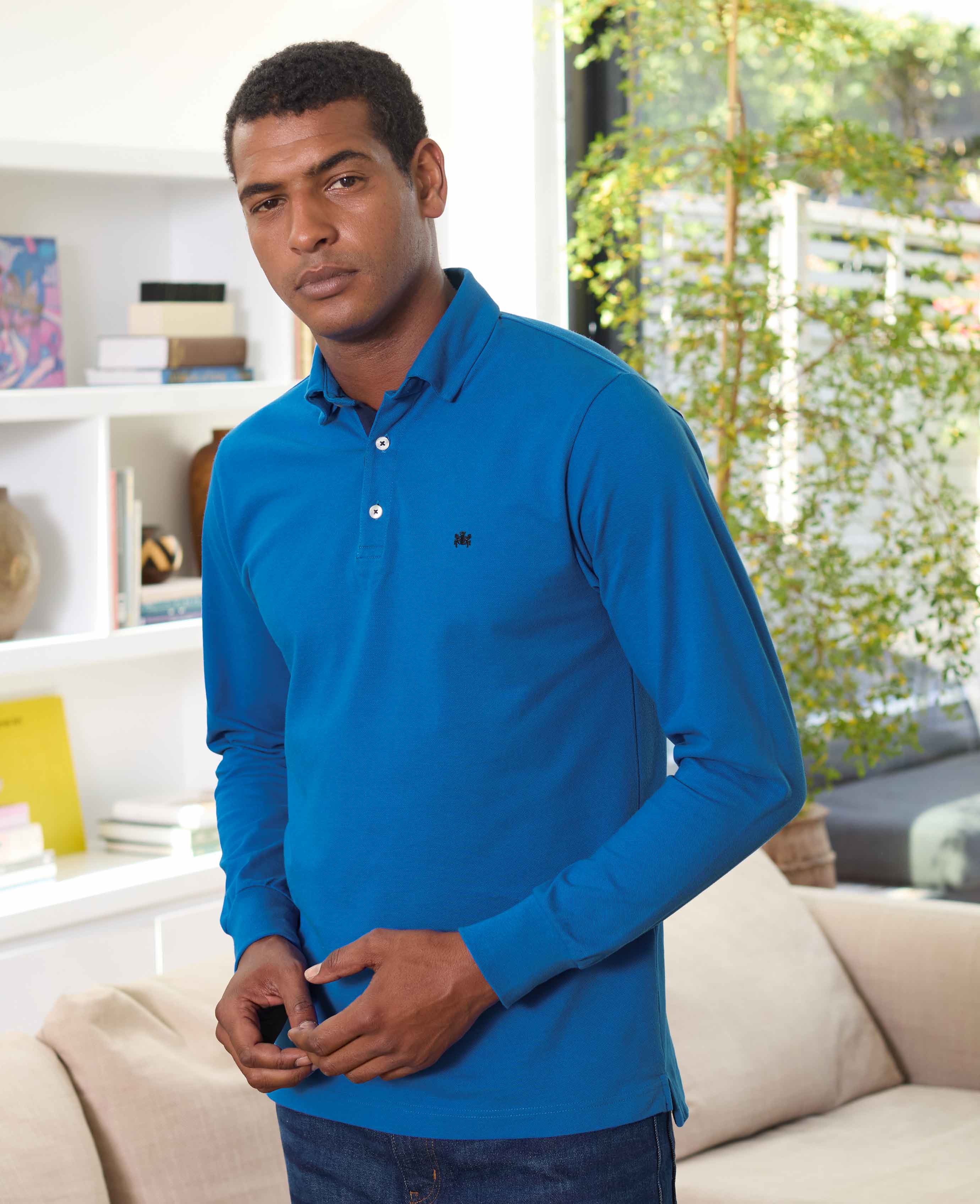 Blue Cotton Pique Long Sleeve Polo Shirt - Image 6