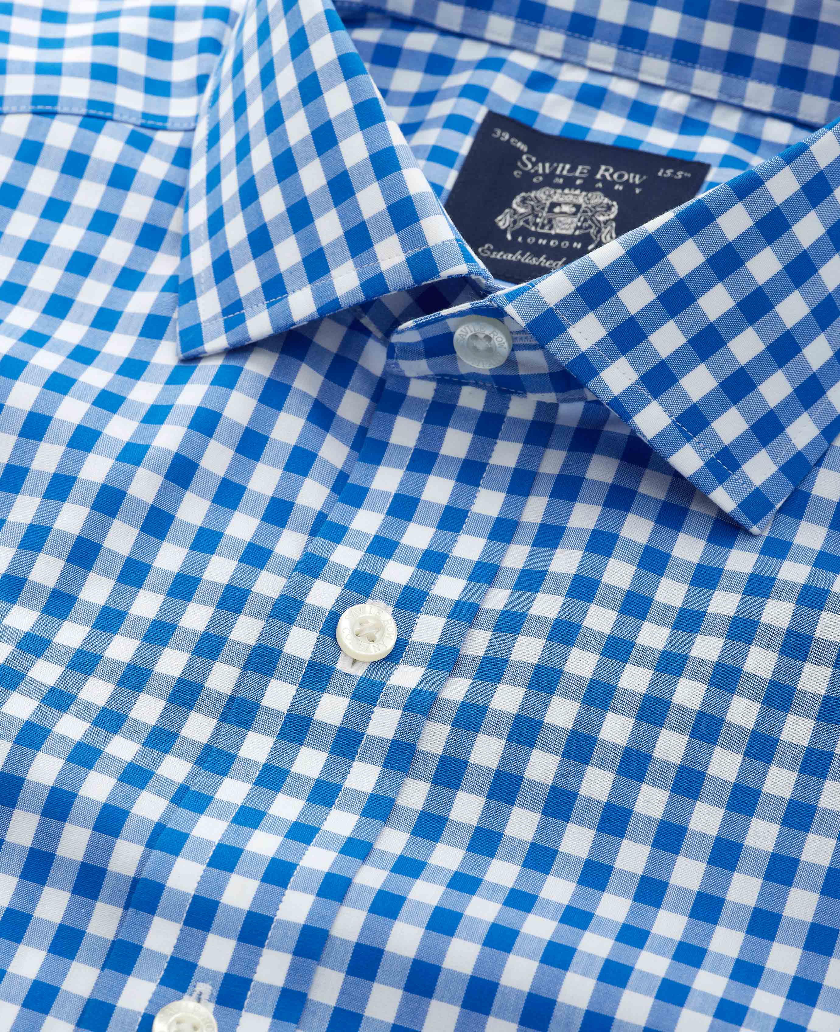 Blue Cotton Poplin Gingham Check Classic Fit Non-Iron Shirt - Single Cuff - Image 3