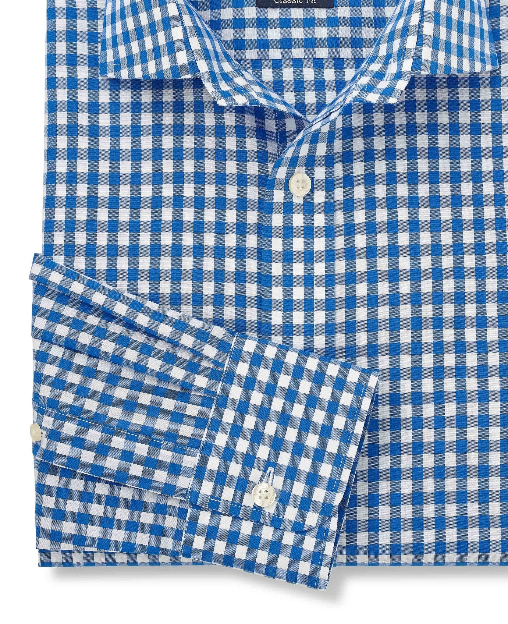 Blue Cotton Poplin Gingham Check Classic Fit Non-Iron Shirt - Single Cuff - Image 5