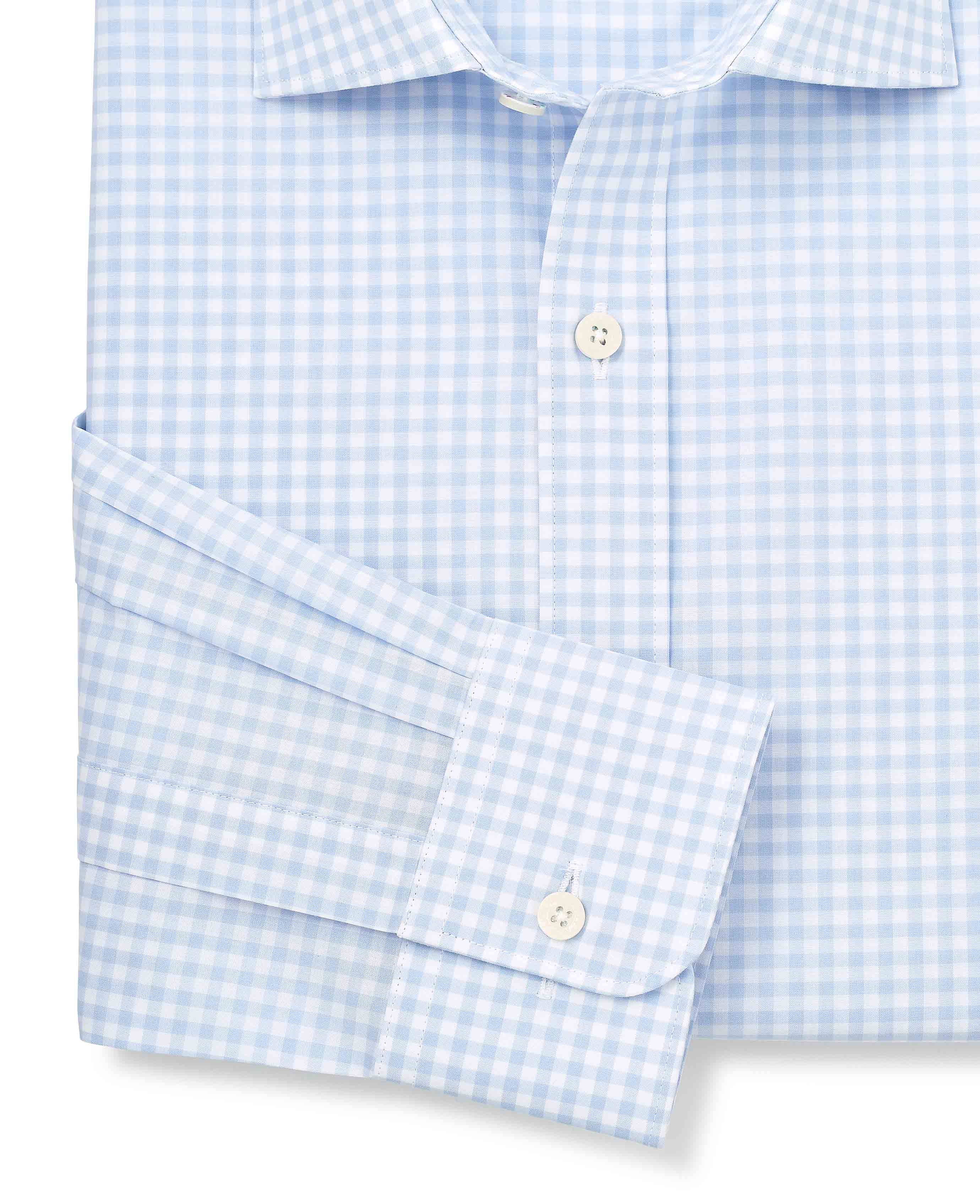 Blue Cotton Poplin Gingham Check Slim Fit Formal Shirt - Single Cuff - Image 3