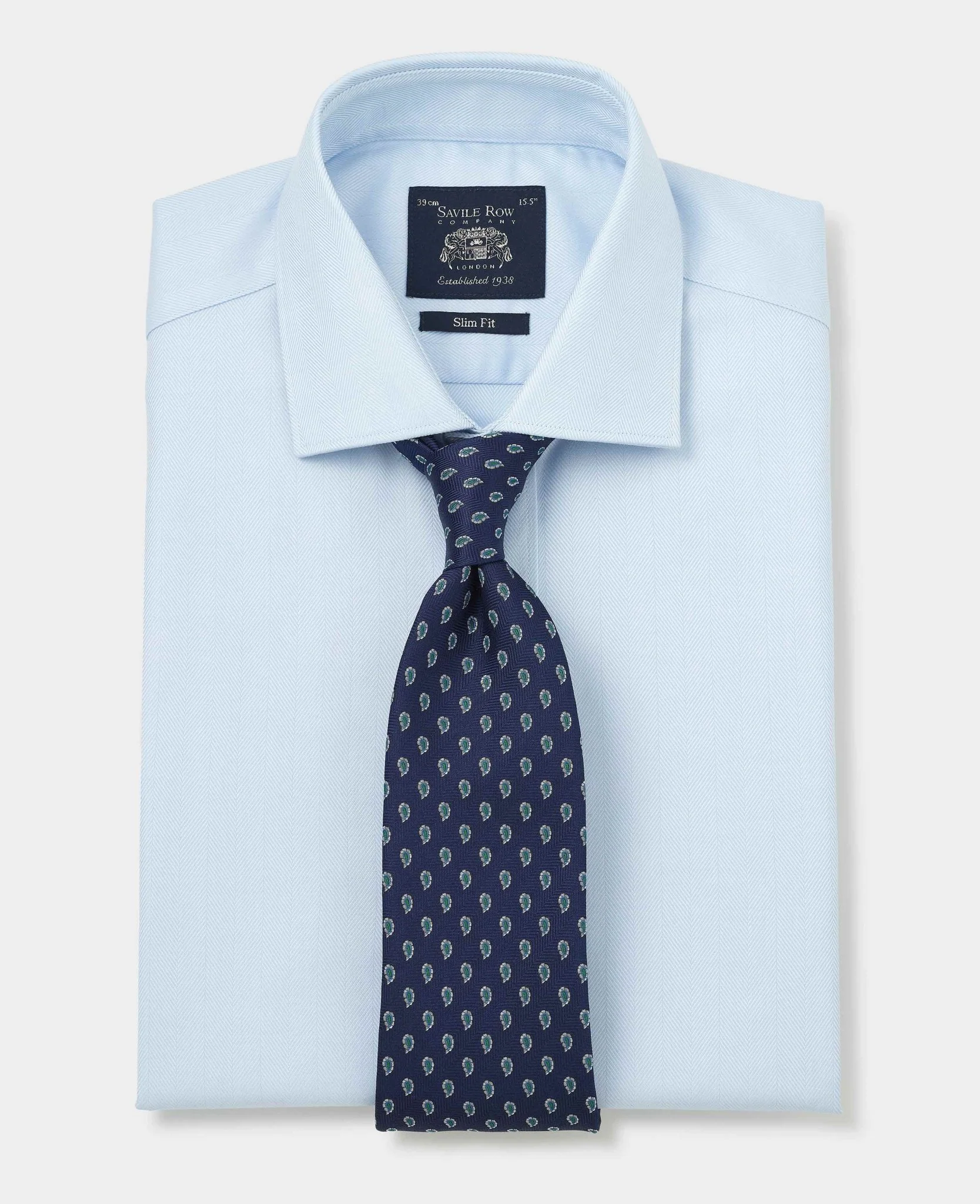 Blue Herringbone Cotton Slim Fit Formal Shirt - Single Cuff - Image 5