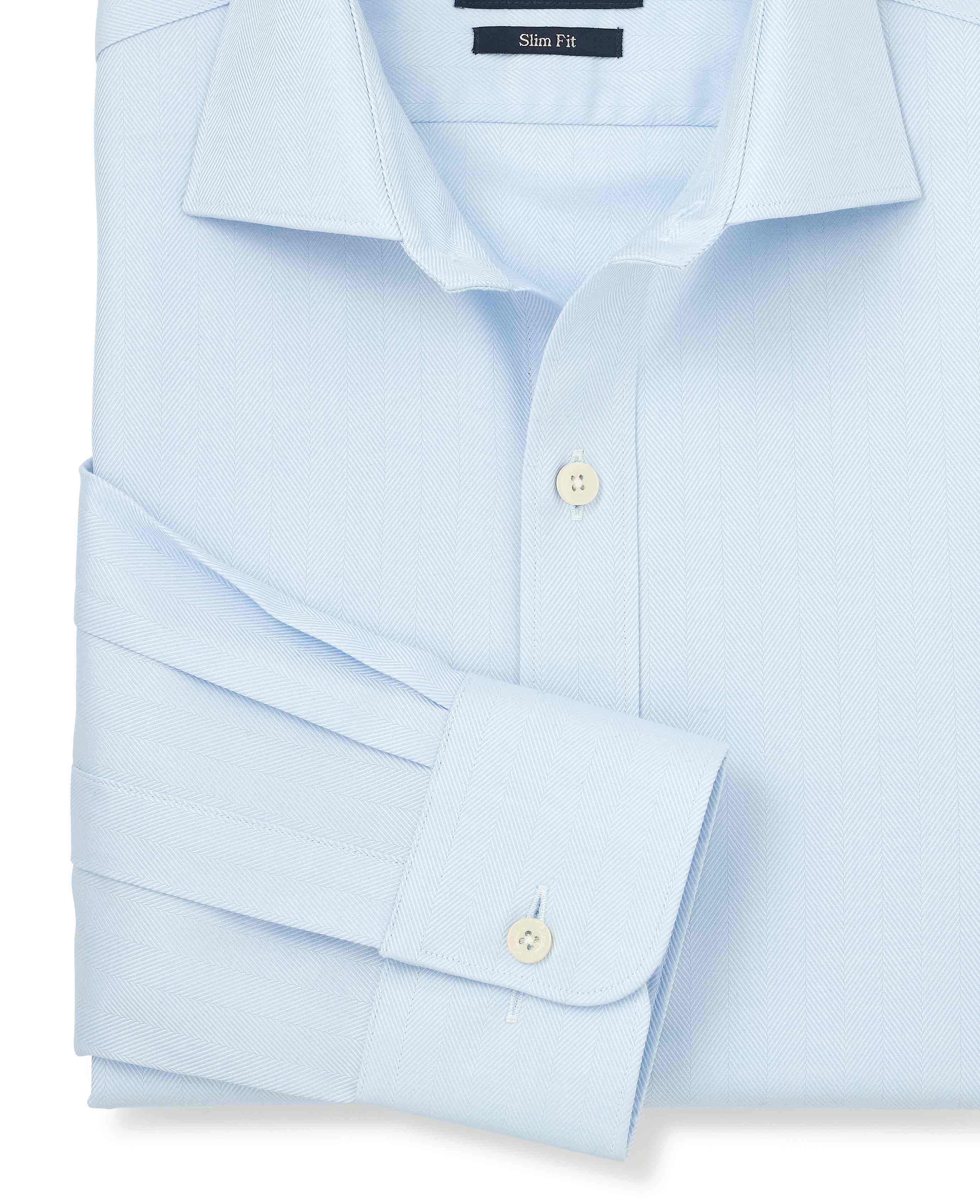 Blue Herringbone Cotton Slim Fit Formal Shirt - Single Cuff - Image 6