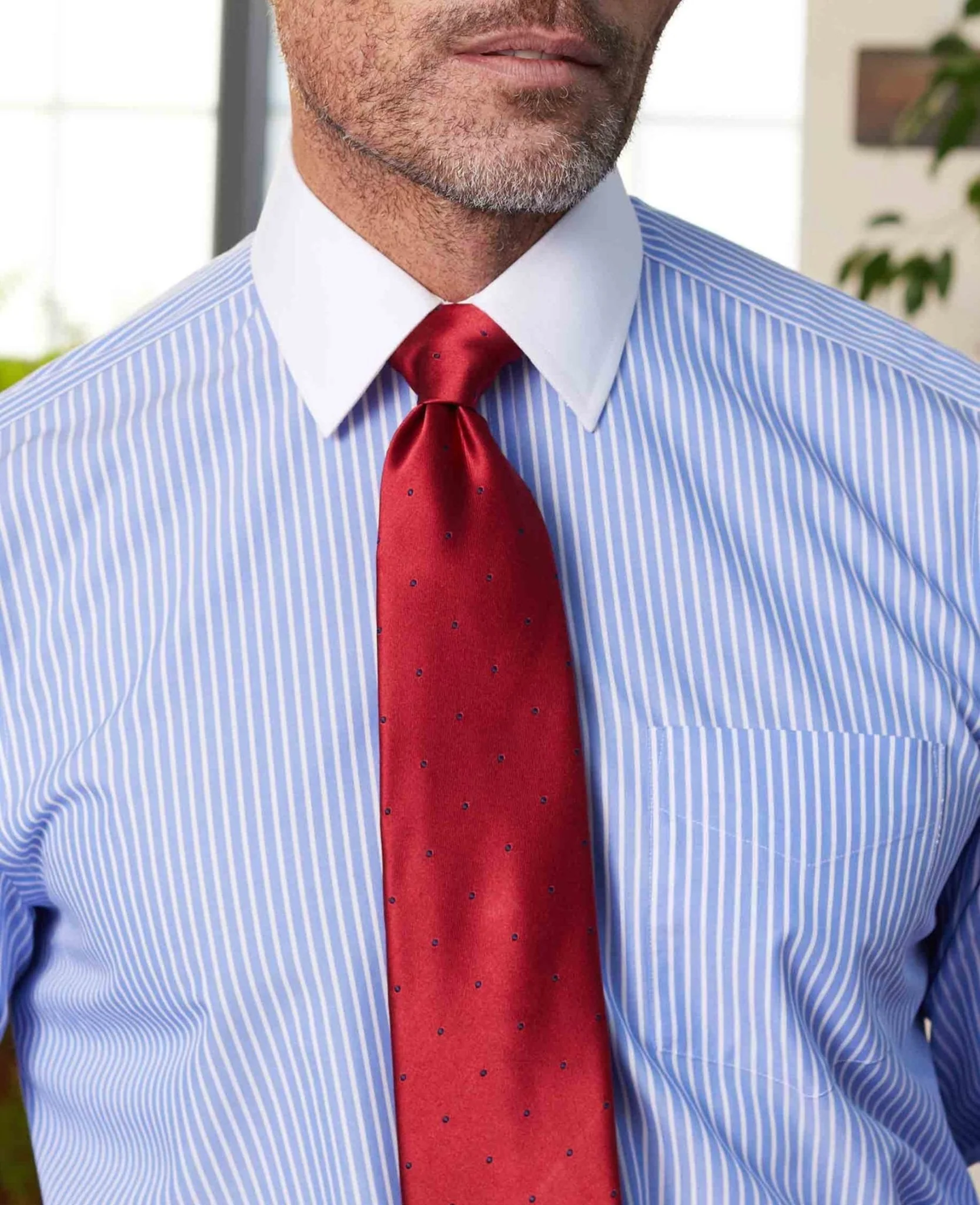 Blue White Stripe Classic Fit Non-Iron Formal Shirt With White Collar & Cuffs - Double Cuff - Image 5