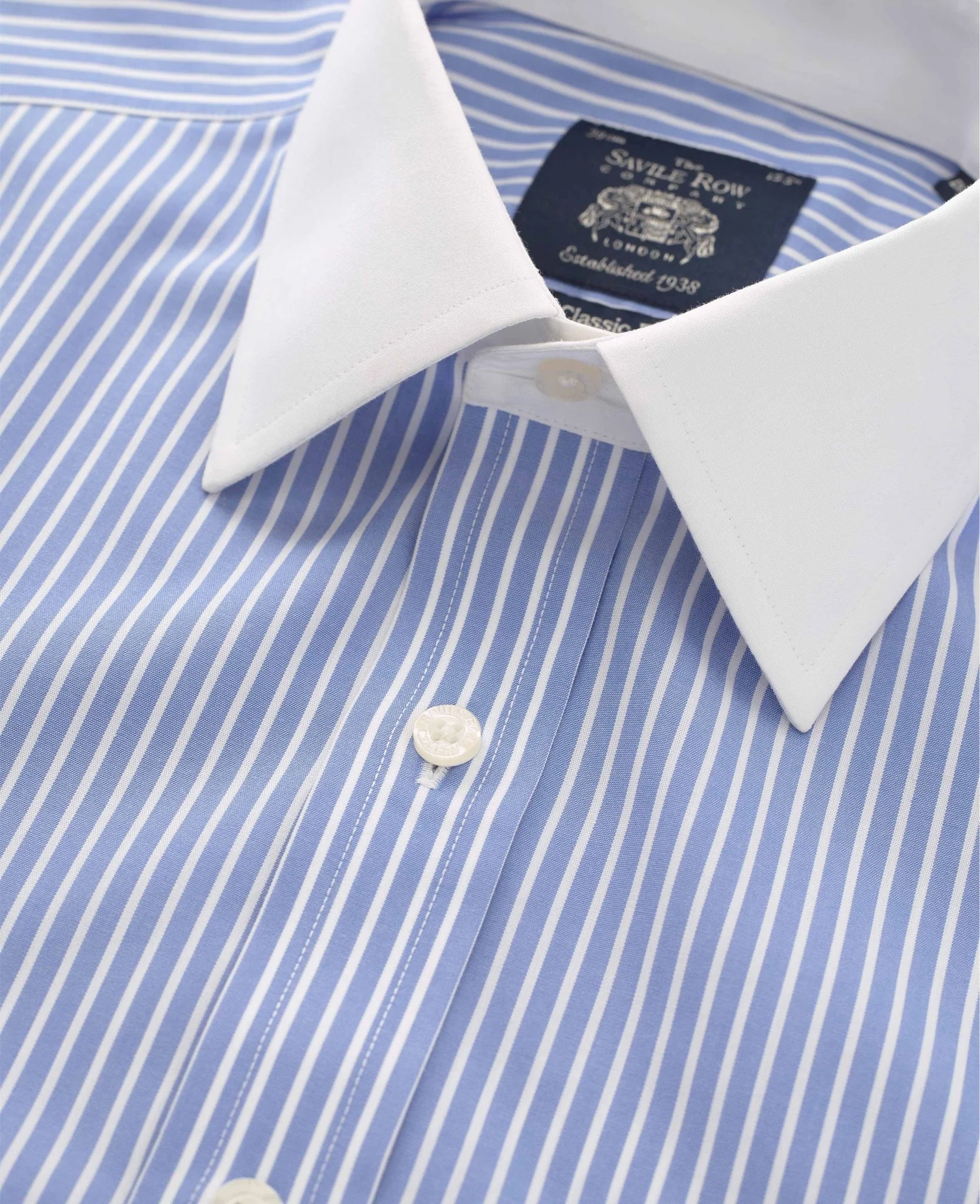 Blue White Stripe Classic Fit Non-Iron Formal Shirt With White Collar & Cuffs - Double Cuff - Image 6