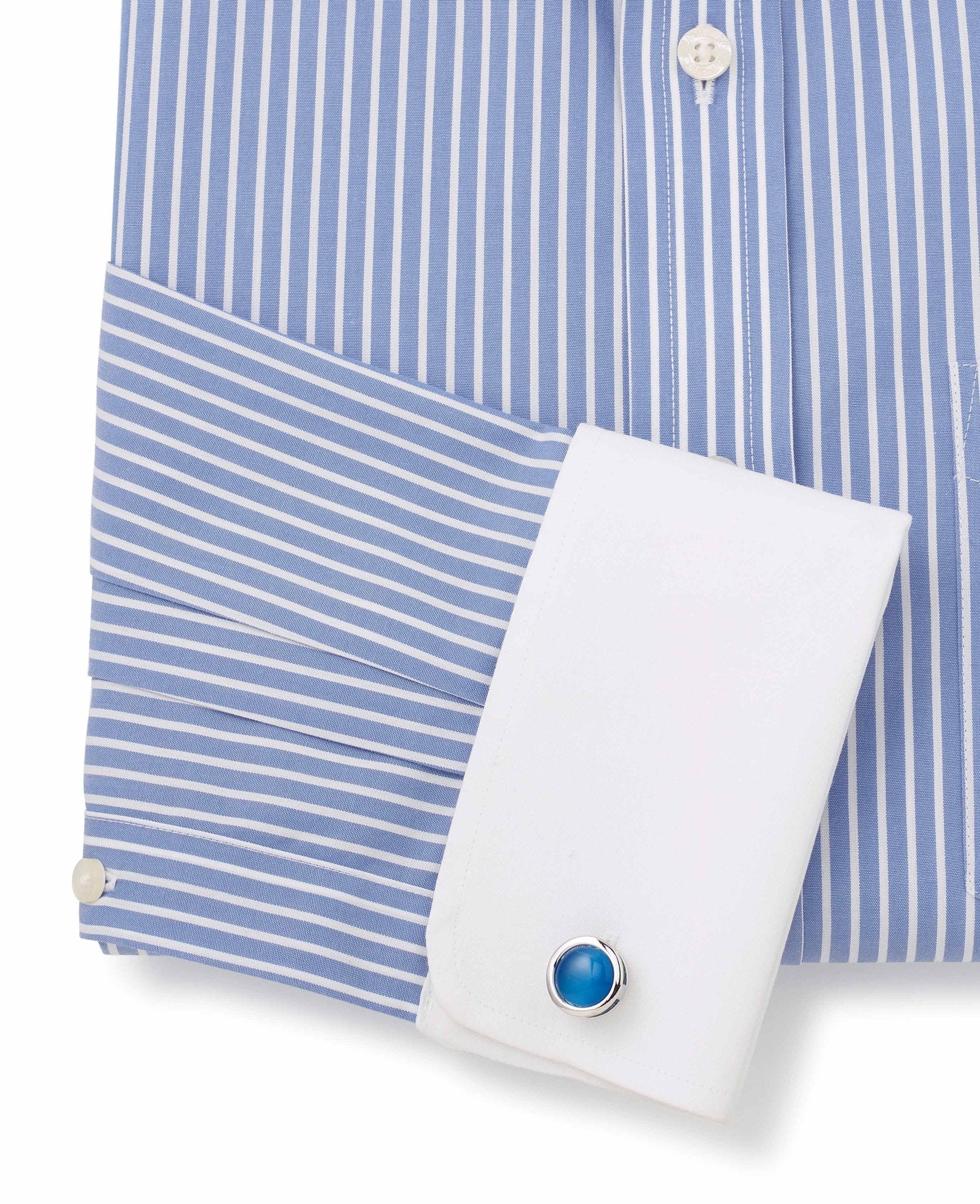 Blue White Stripe Classic Fit Non-Iron Formal Shirt With White Collar & Cuffs - Double Cuff - Image 7