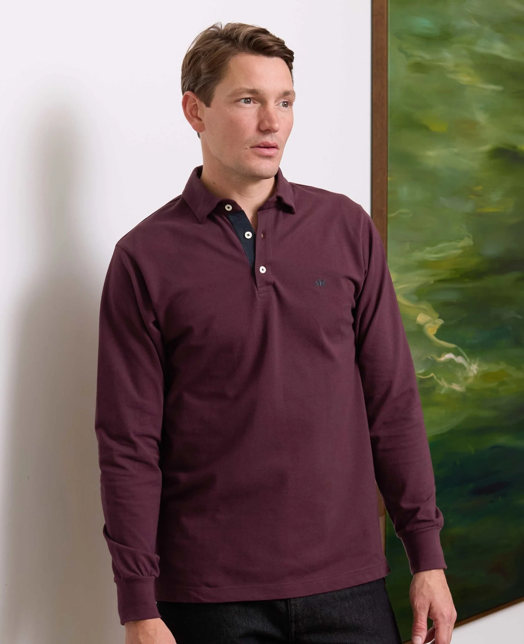 Burgundy Cotton Pique Long Sleeve Polo Shirt - Image 3