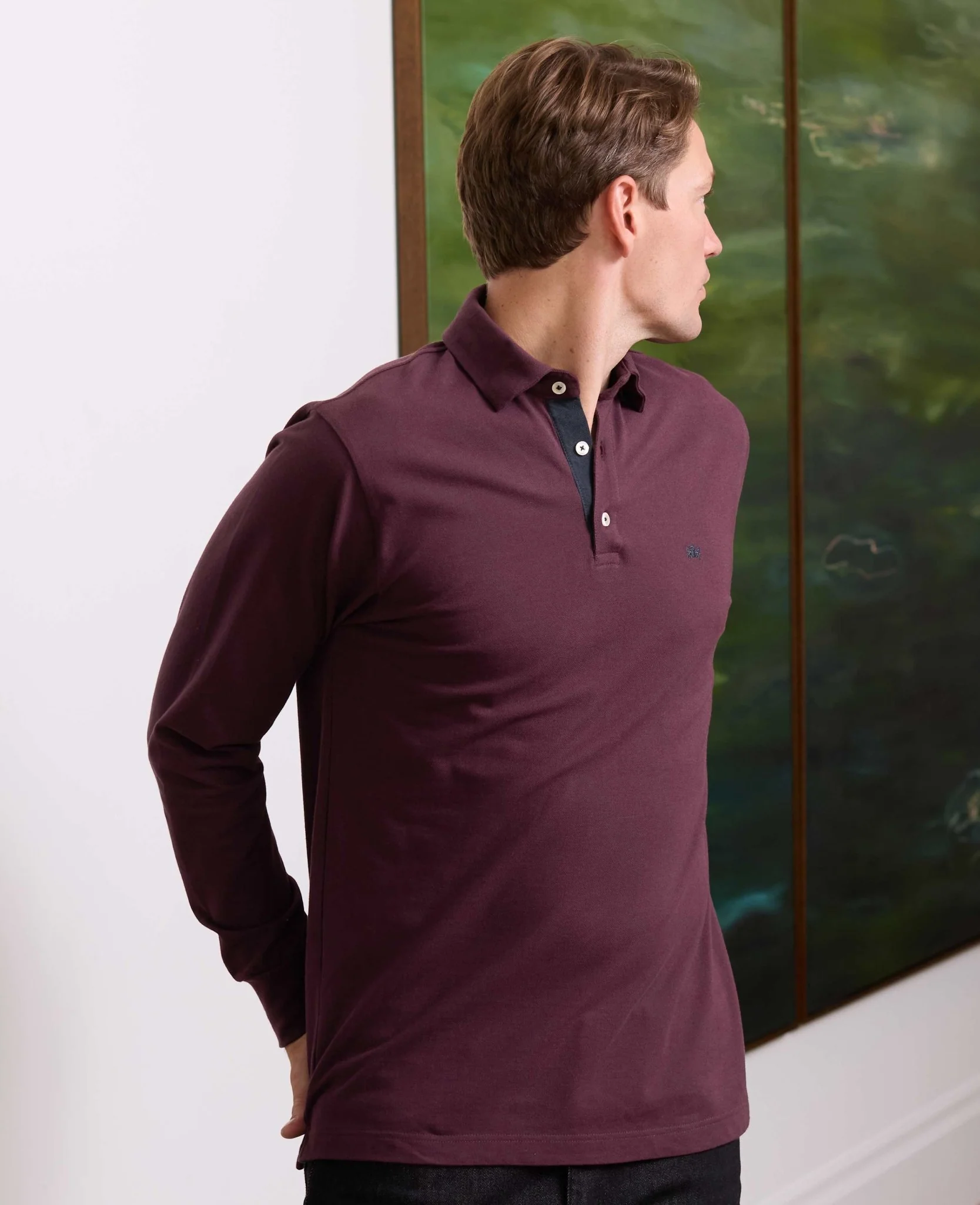 Burgundy Cotton Pique Long Sleeve Polo Shirt - Image 4