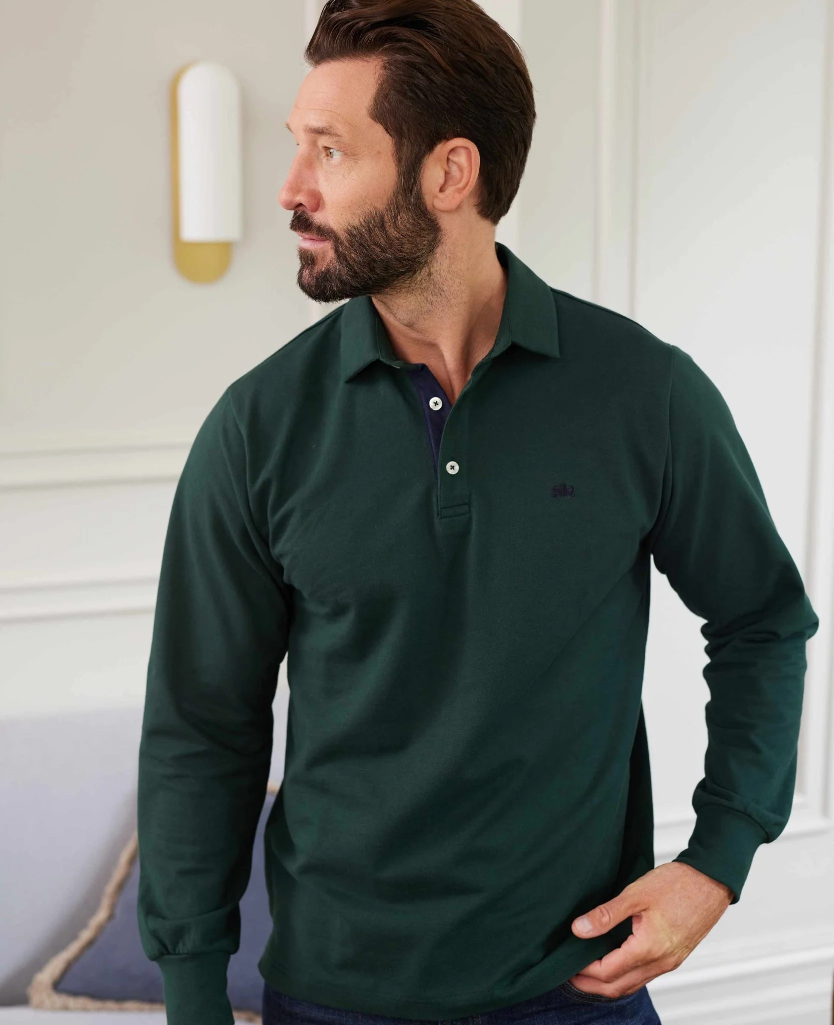 Dark Green Long Sleeve Polo Shirt - Image 4