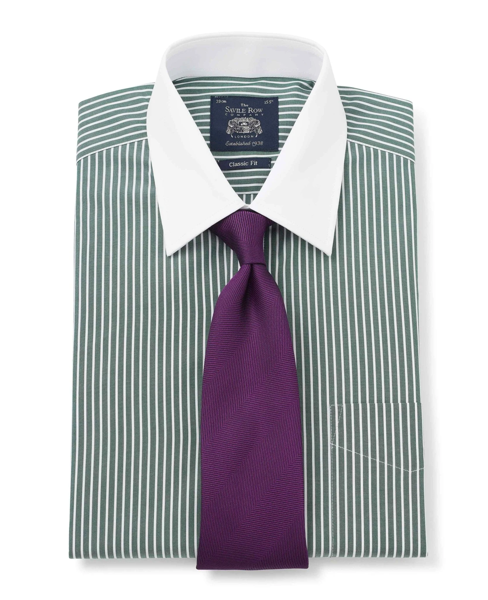 Dark Green Reverse Stripe Classic Fit Shirt With White Collar & Cuffs - Image 3