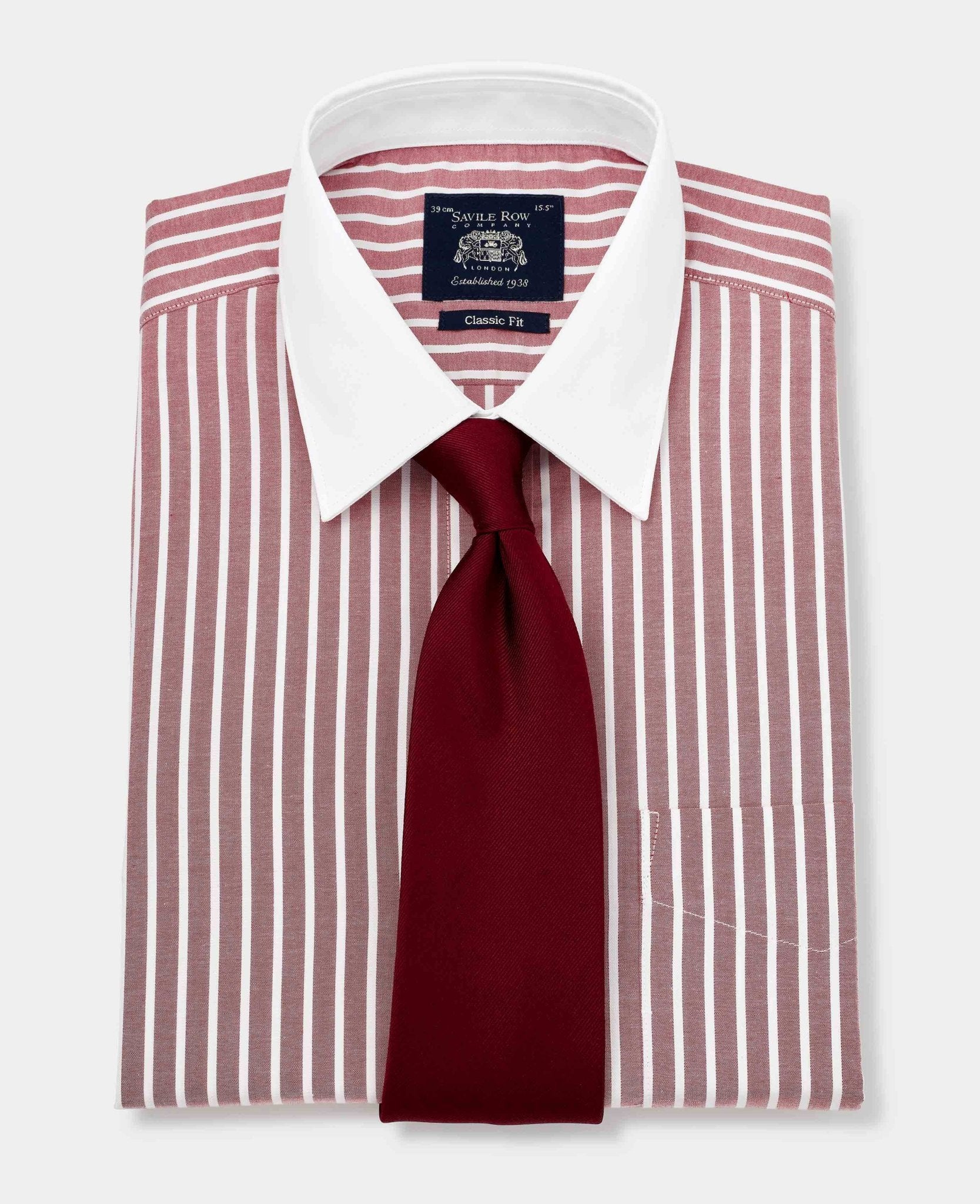 Dark Red White Stripe Classic Fit Shirt With White Collar & Cuffs - Double Cuff - Image 3