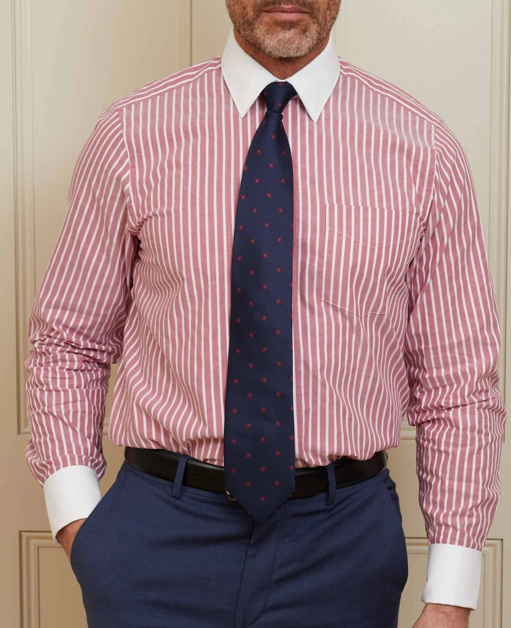 Dark Red White Stripe Classic Fit Shirt With White Collar & Cuffs - Double Cuff - Image 4