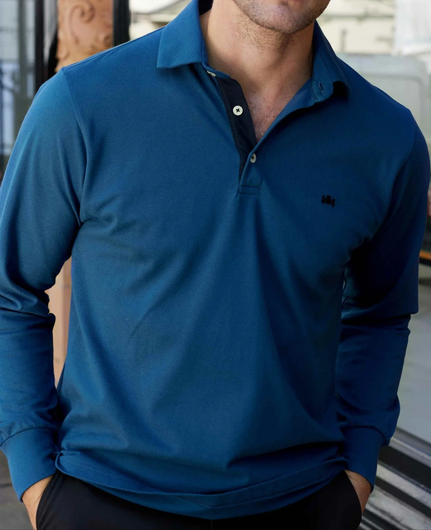 Denim Blue Long Sleeve Polo Shirt - Image 6