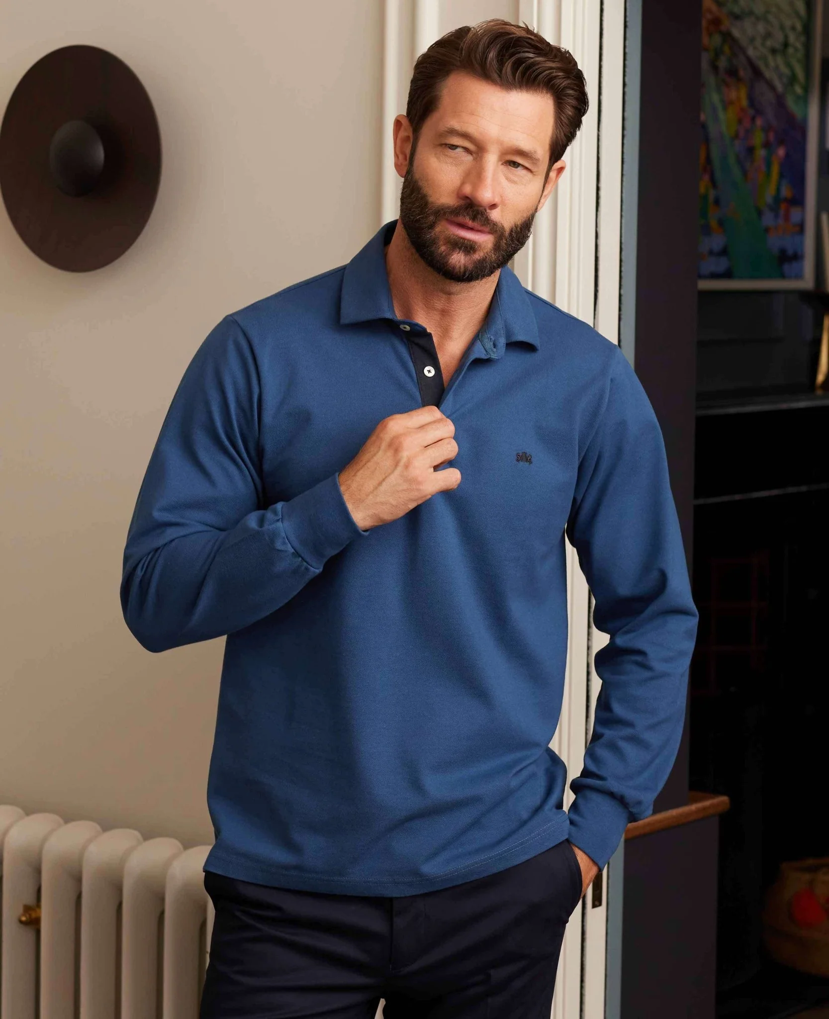 Denim Blue Long Sleeve Polo Shirt - Image 7