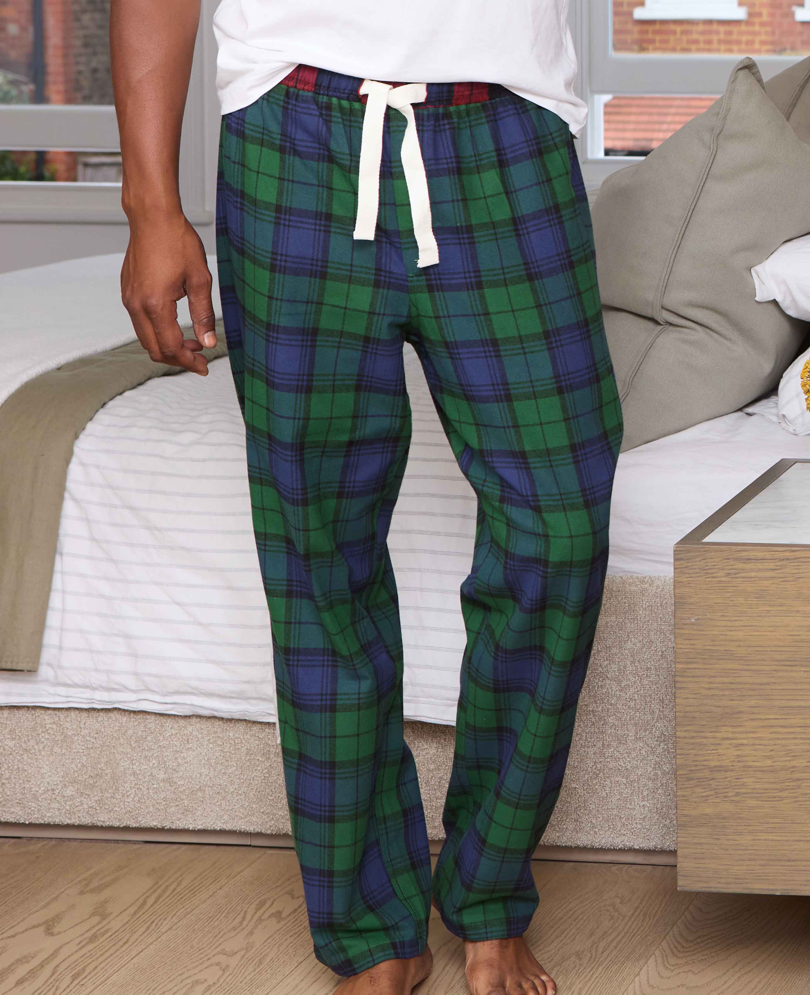 Green Blue Brushed Cotton Twill Window Check Lounge Pants - Image 5