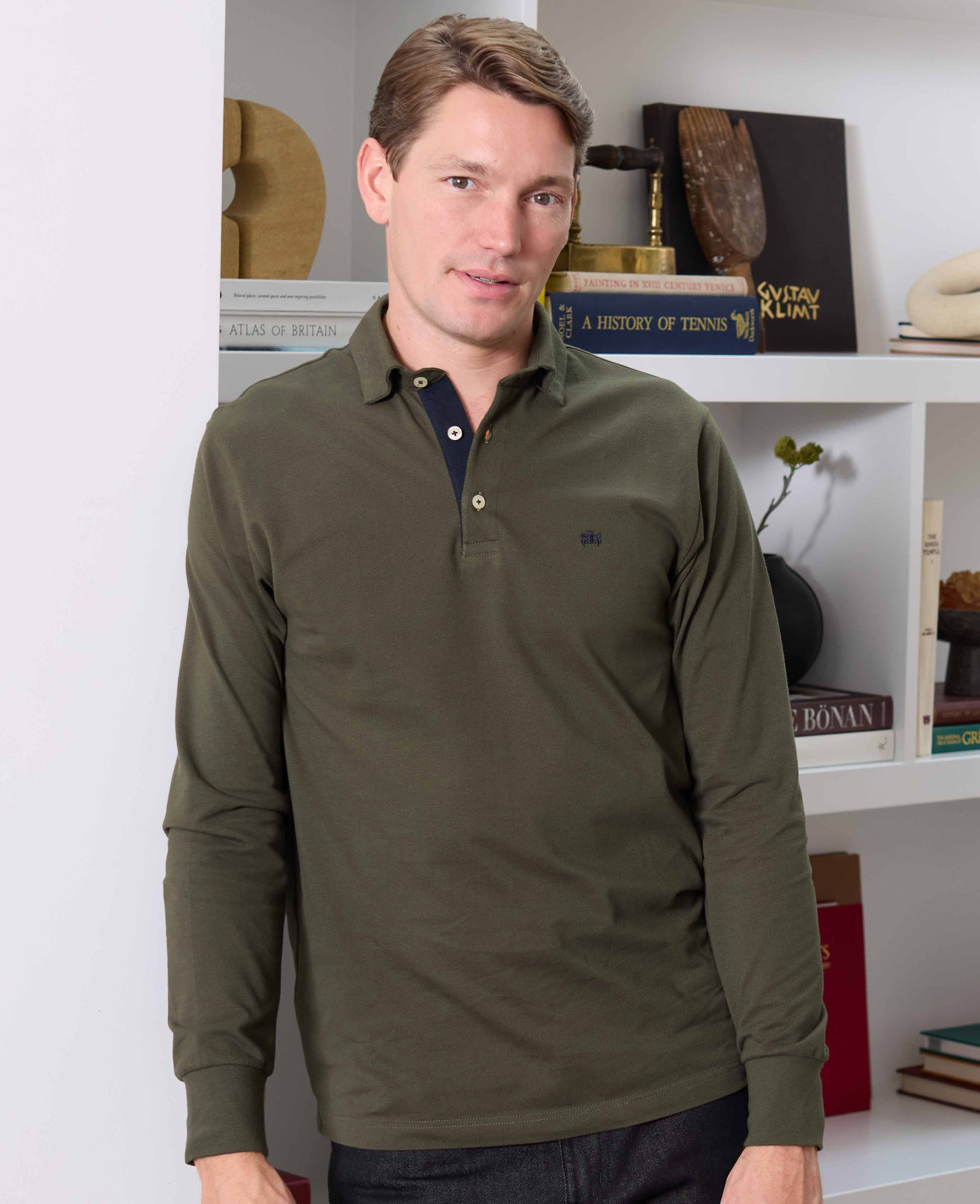 Khaki Cotton Pique Long Sleeve Polo Shirt - Image 3