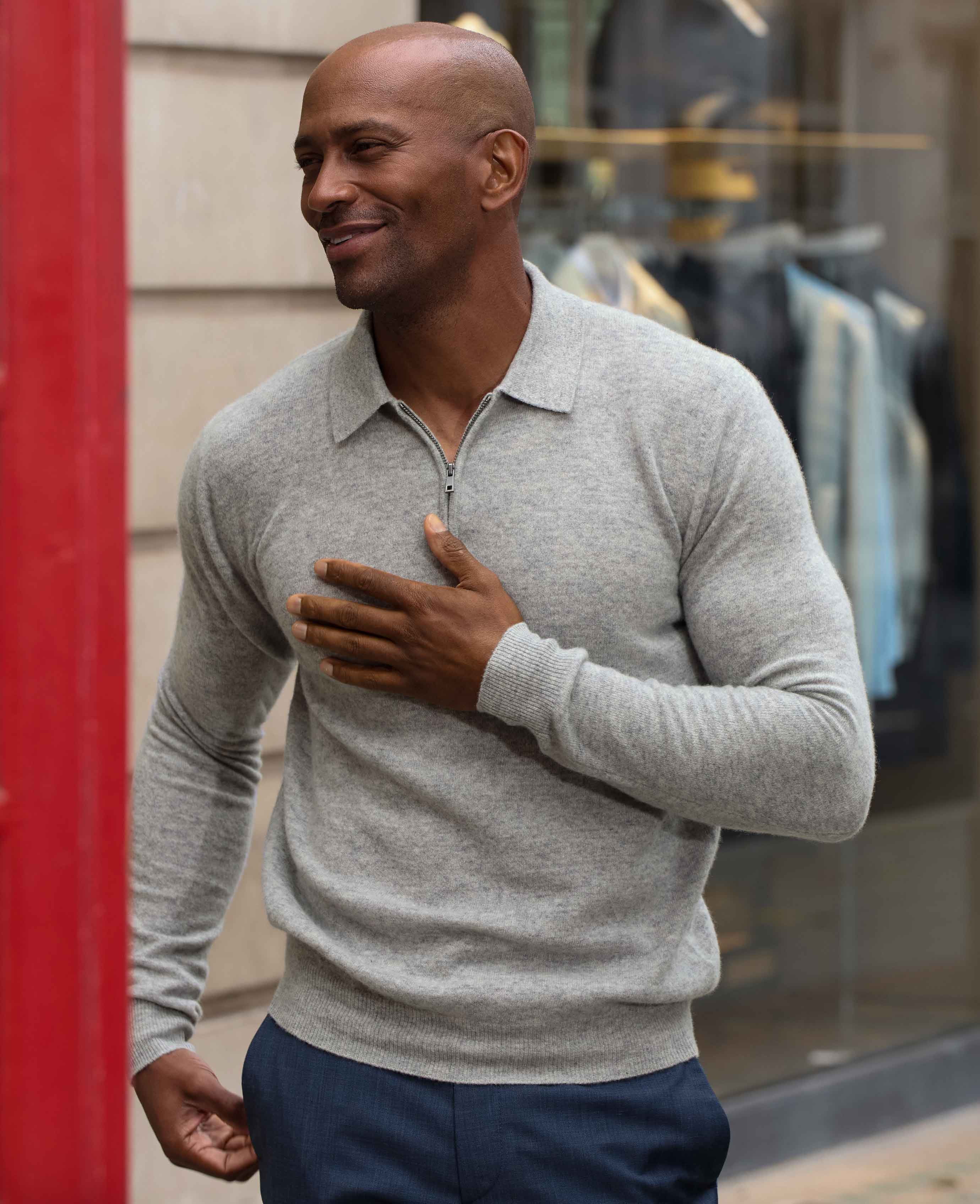 Light Grey Merino Wool Cashmere Zip Neck Long Sleeve Polo Shirt - Image 3