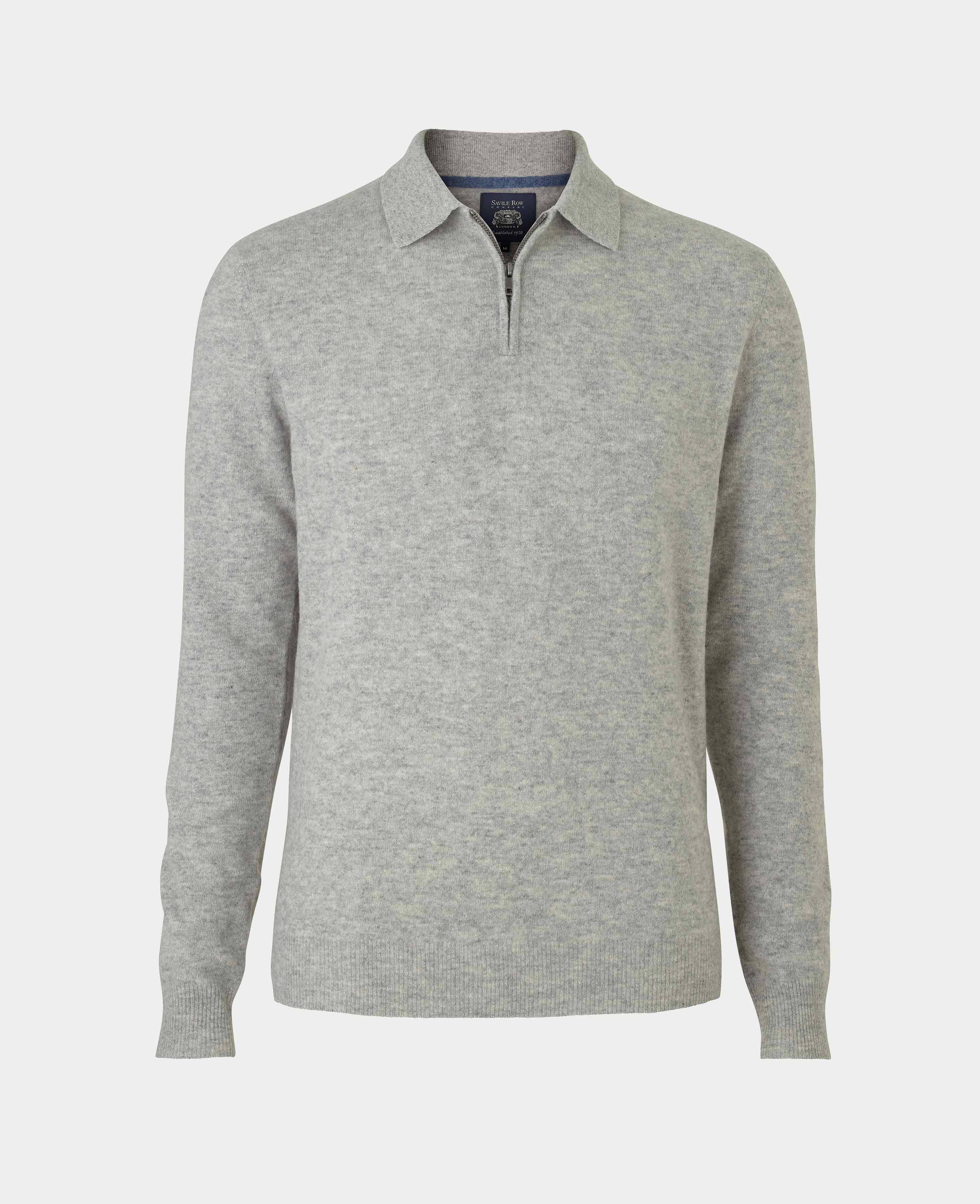 Light Grey Merino Wool Cashmere Zip Neck Long Sleeve Polo Shirt - Image 4