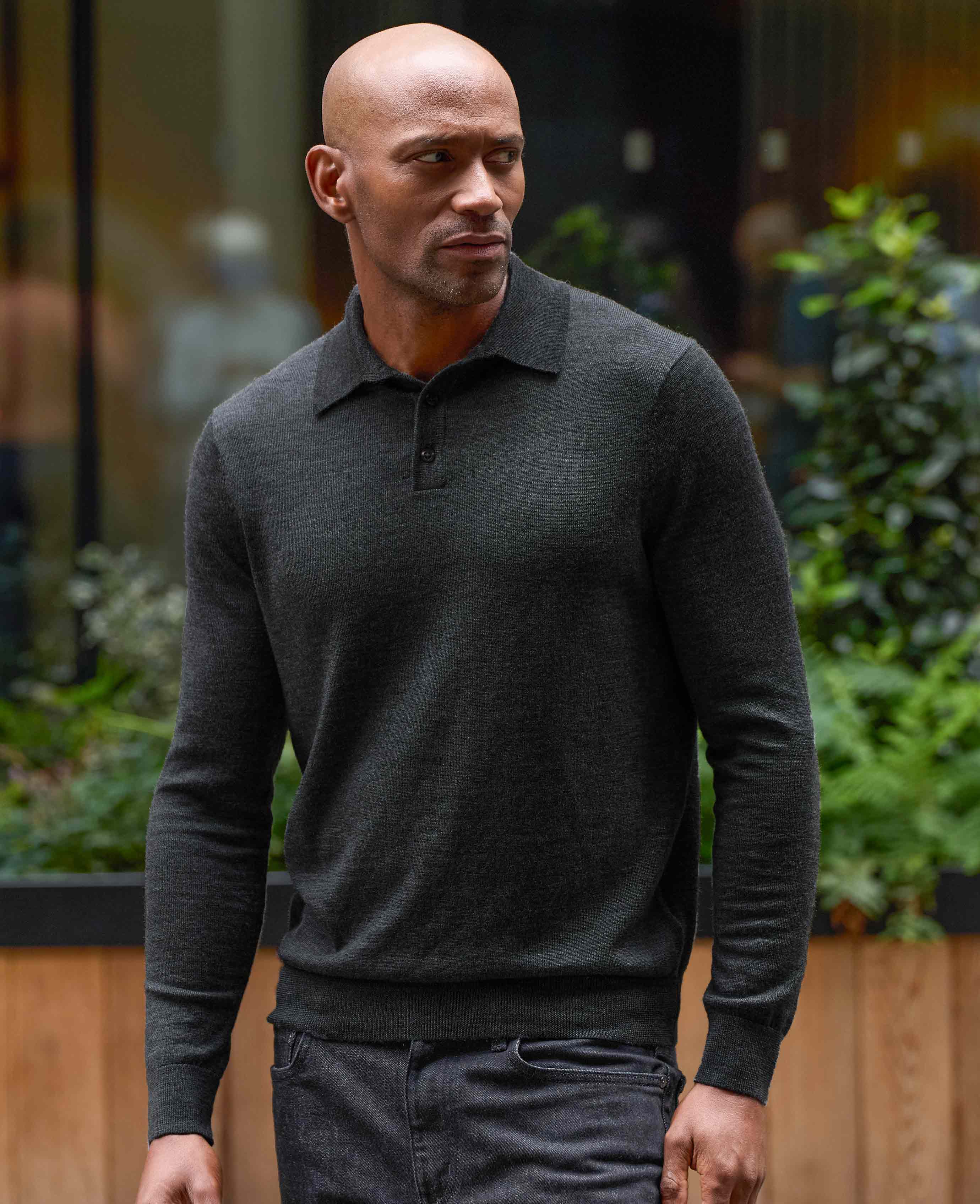 Charcoal Merino Wool Knitted Polo Shirt - Image 3