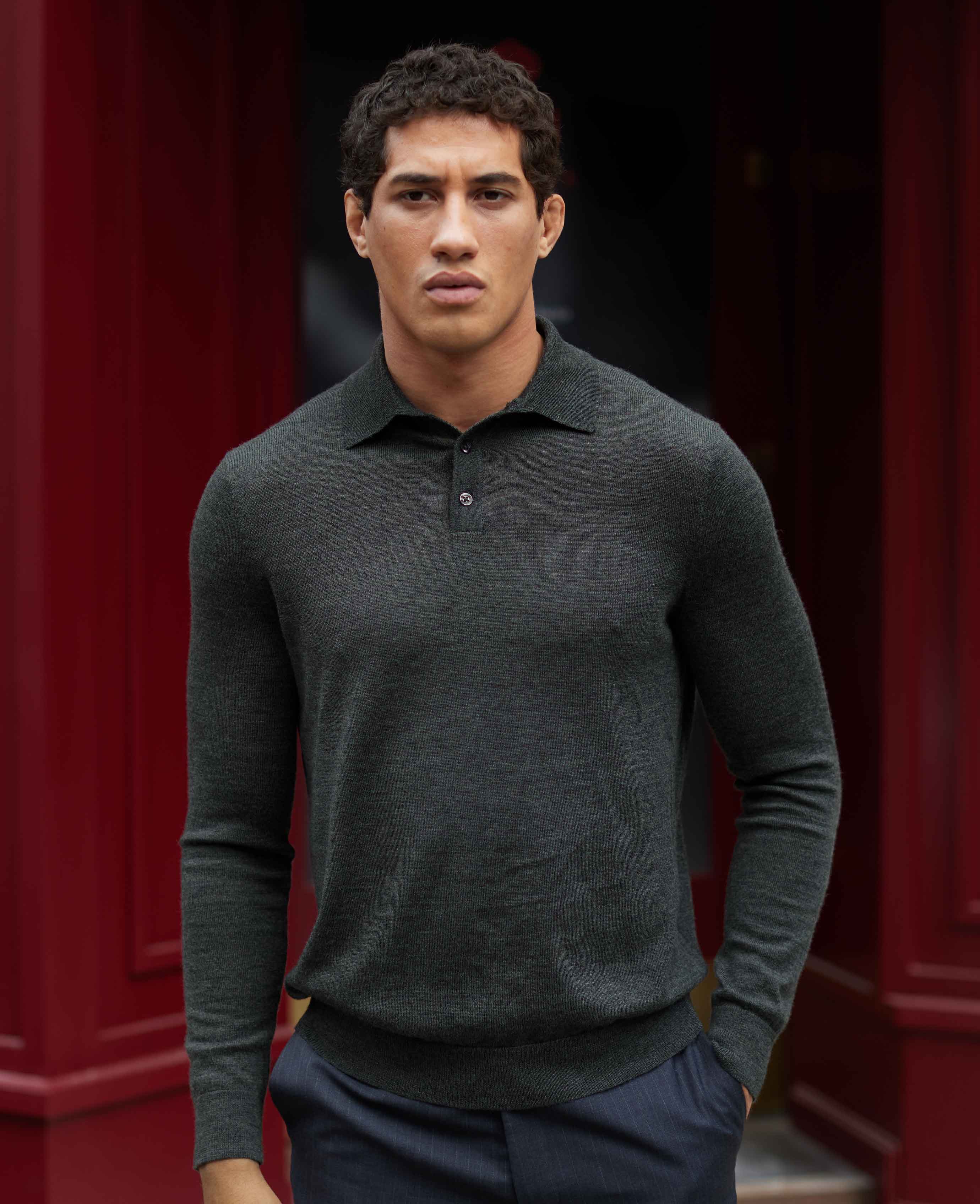 Charcoal Merino Wool Knitted Polo Shirt - Image 4