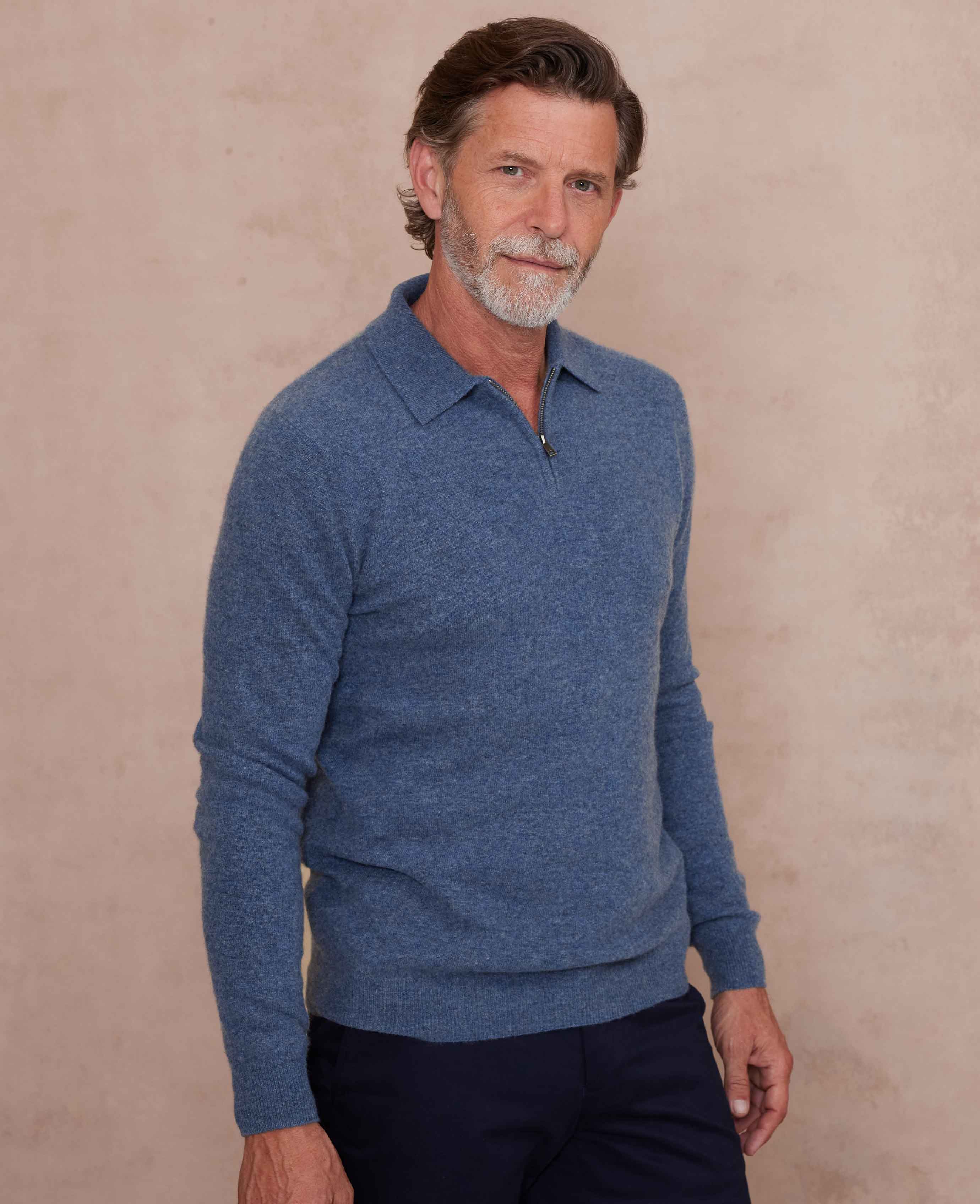 Navy Blue Merino Wool Cashmere Zip Neck Long Sleeve Polo Shirt - Image 3