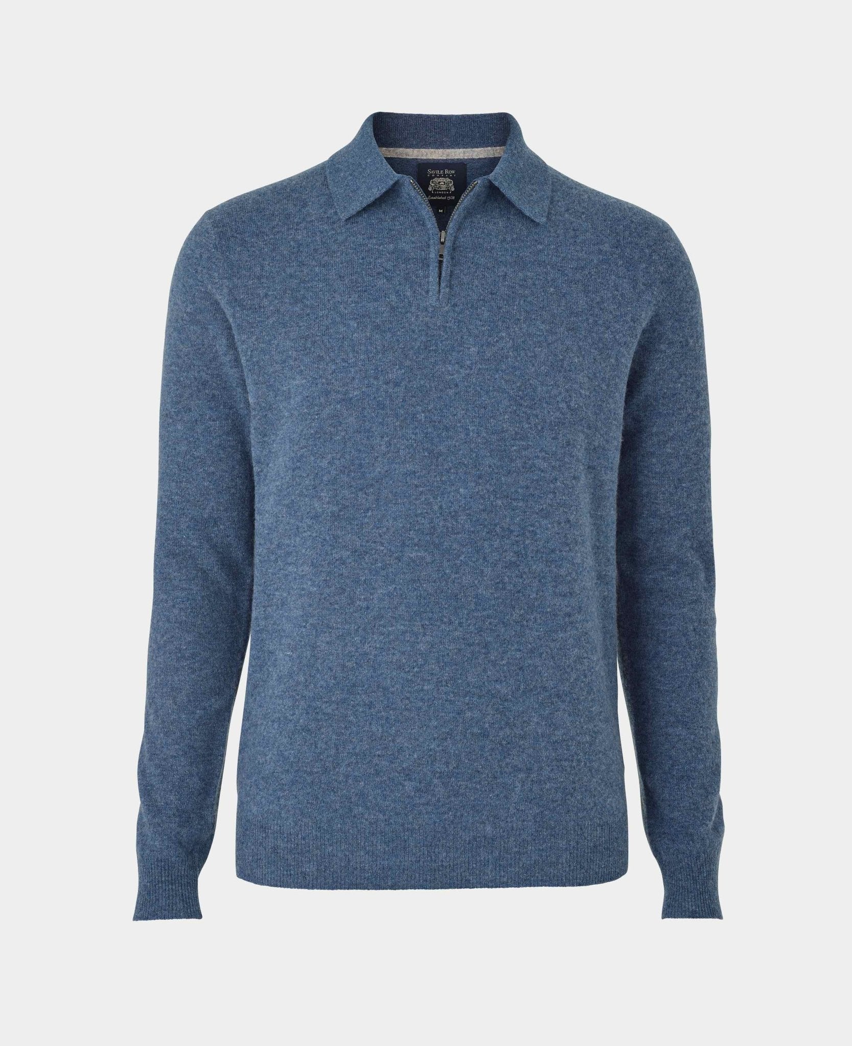 Navy Blue Merino Wool Cashmere Zip Neck Long Sleeve Polo Shirt - Image 4