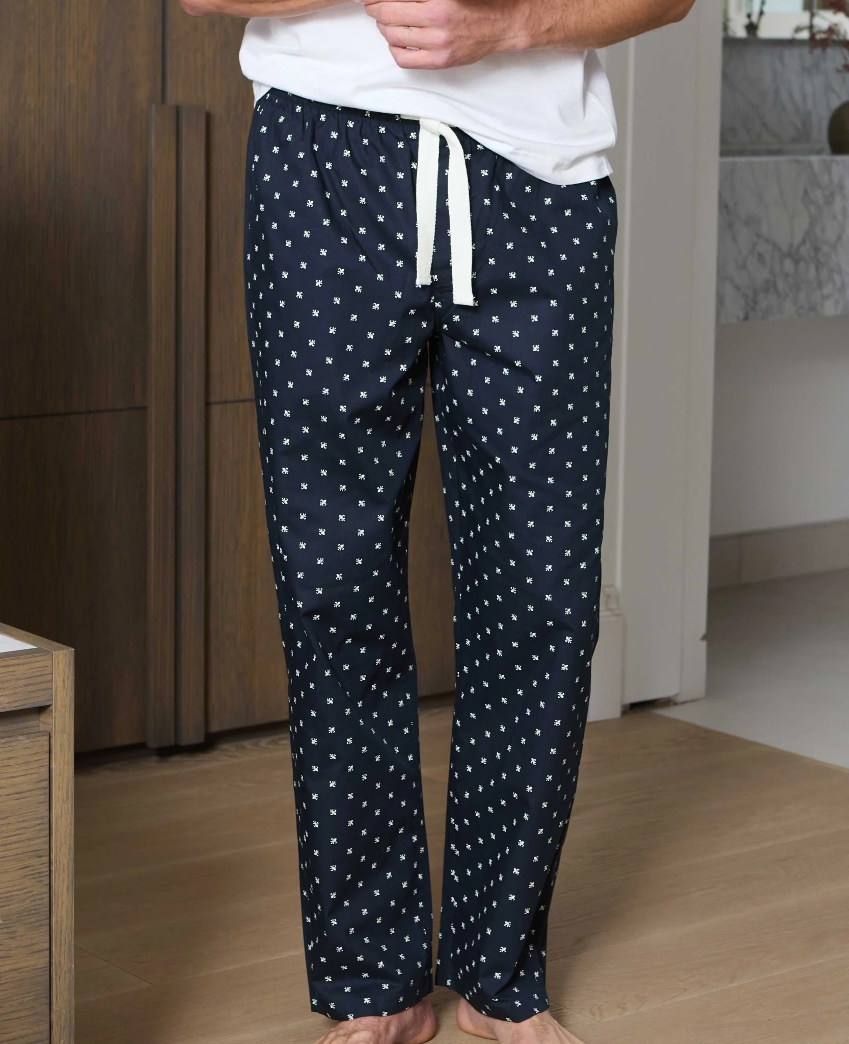 Navy Cotton Fleur De Lys Print Lounge Pants - Image 5