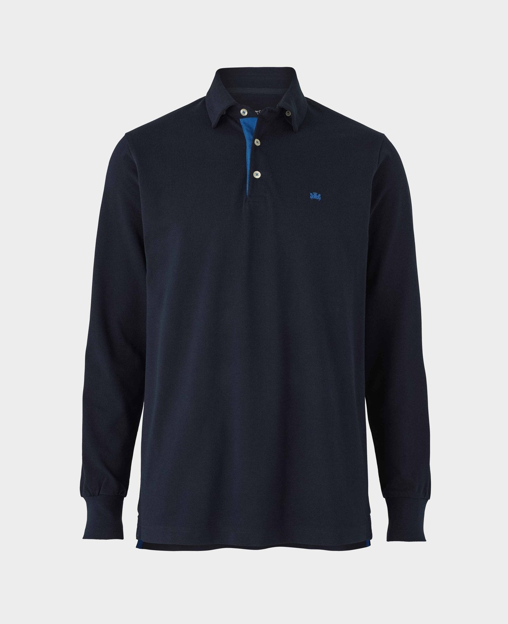 Navy Cotton Pique Long Sleeve Polo Shirt - Image 3