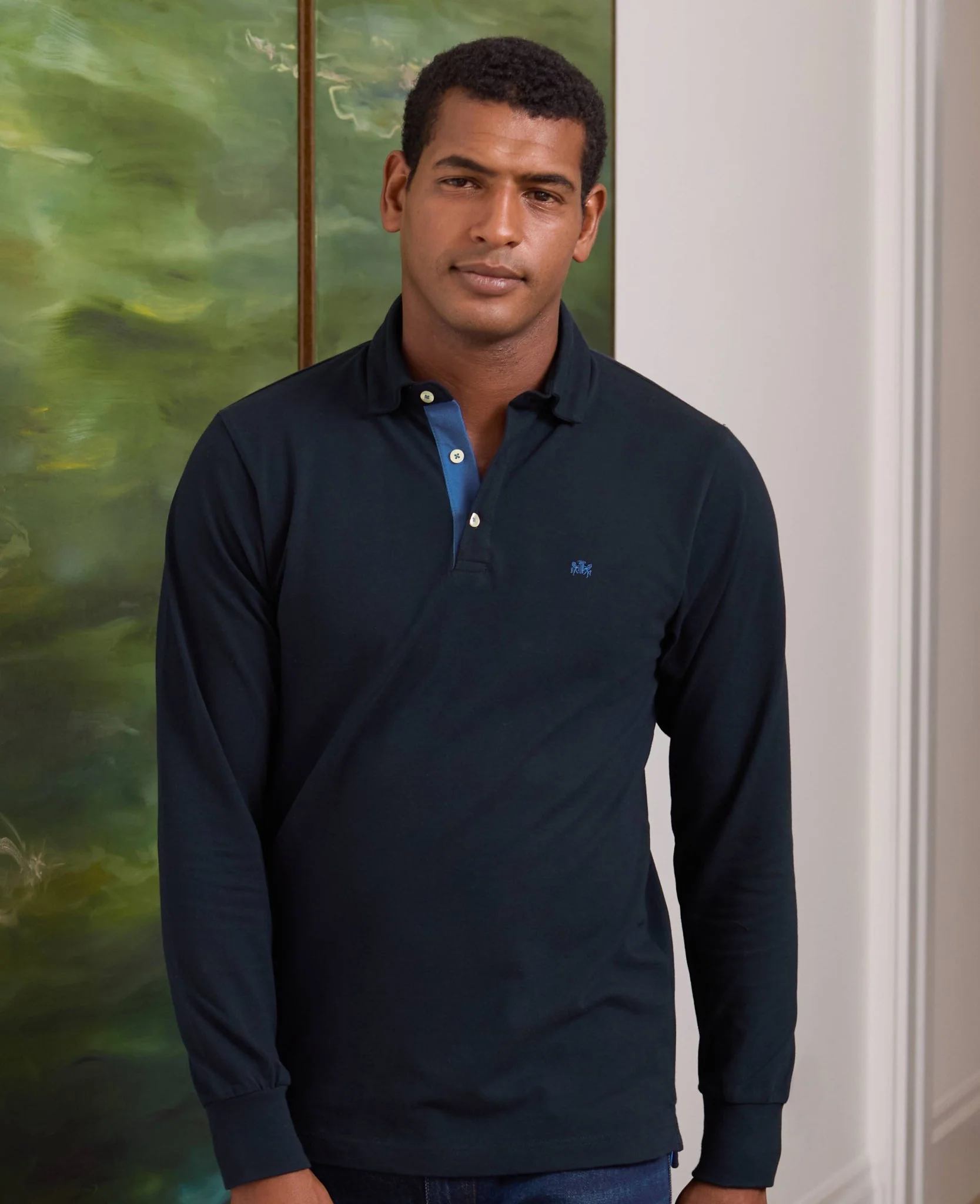 Navy Cotton Pique Long Sleeve Polo Shirt - Image 5