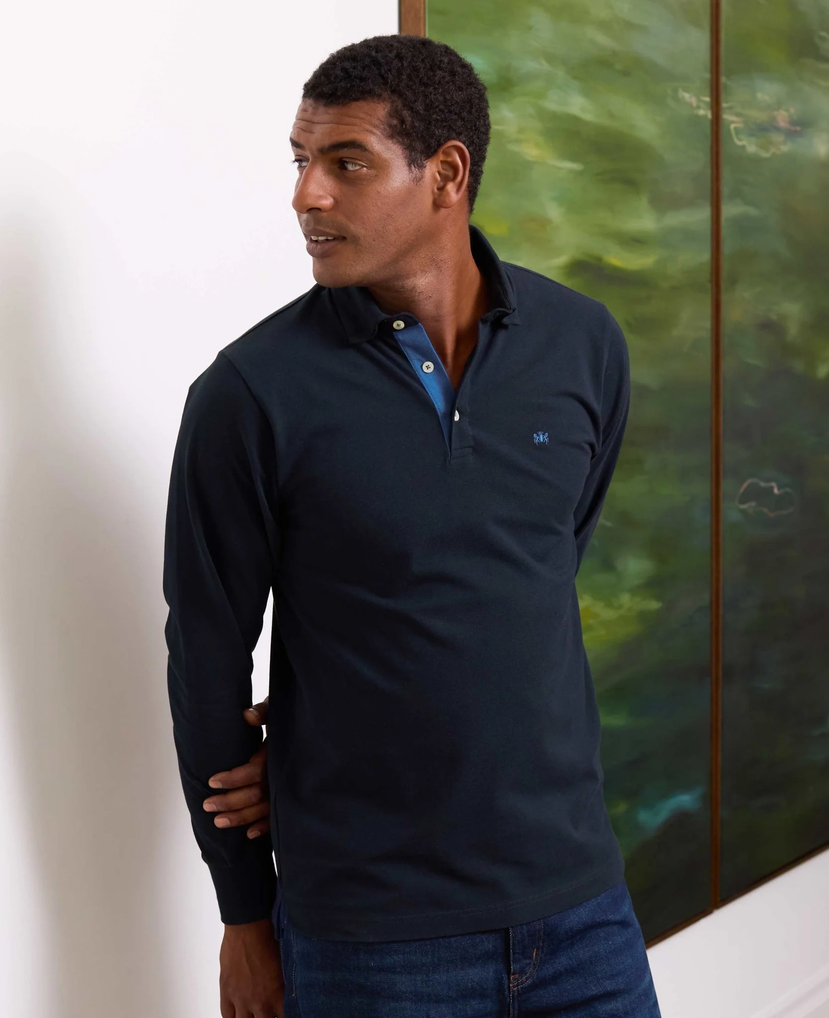 Navy Cotton Pique Long Sleeve Polo Shirt - Image 6