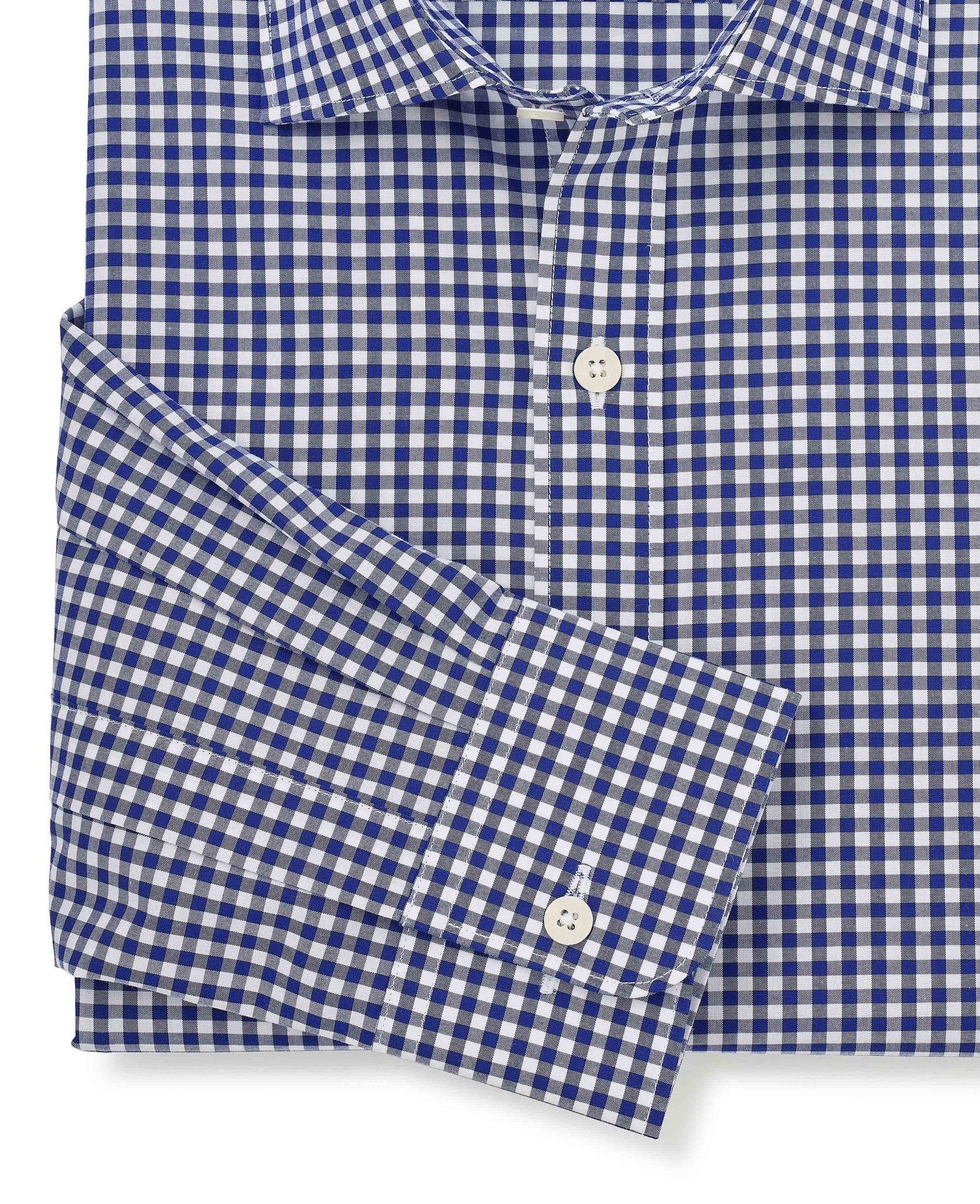Navy Cotton Poplin Gingham Check Slim Fit Formal Shirt - Single Cuff - Image 5