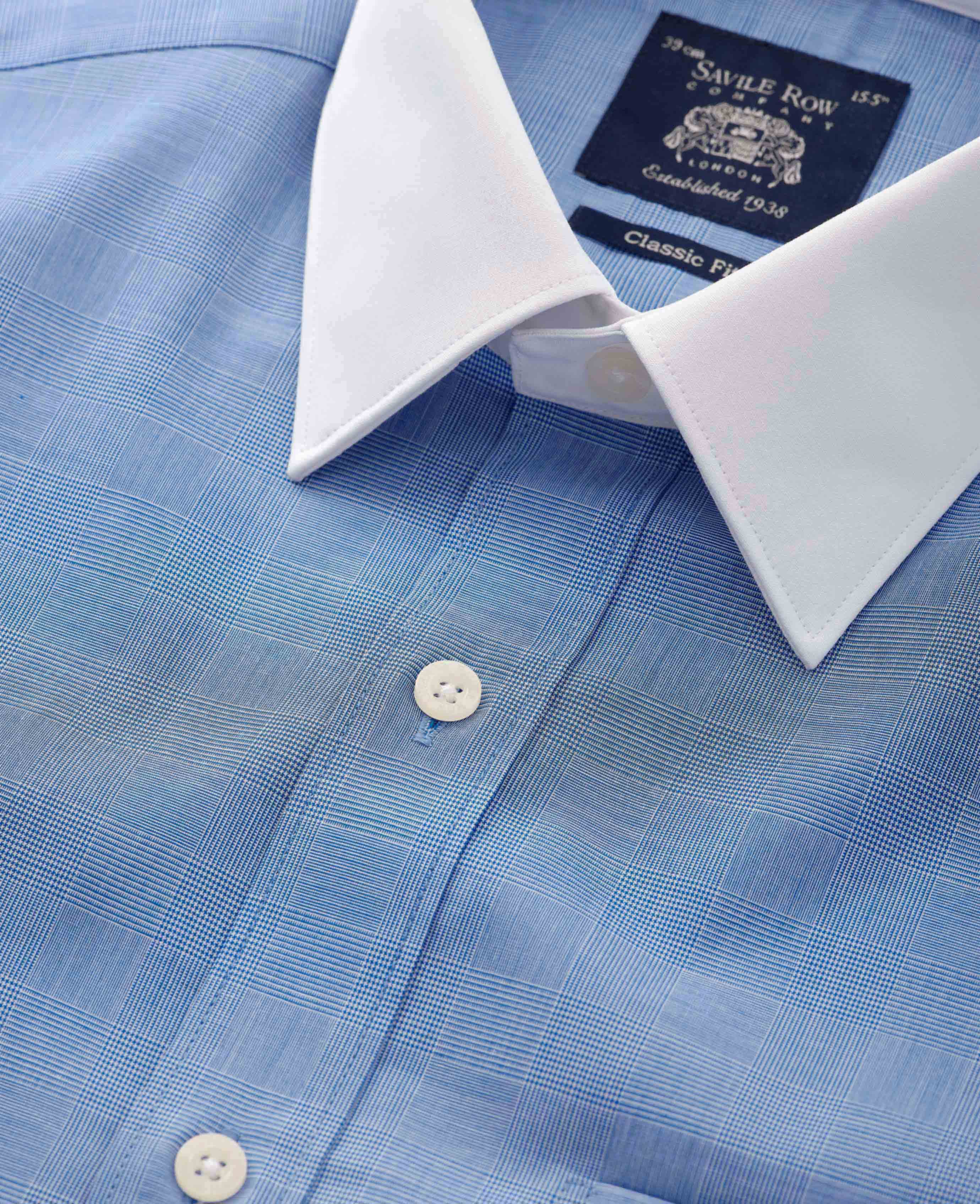 Navy Cotton Prince of Wales Check Classic Fit Winchester Formal Shirt - Double Cuff - Image 3