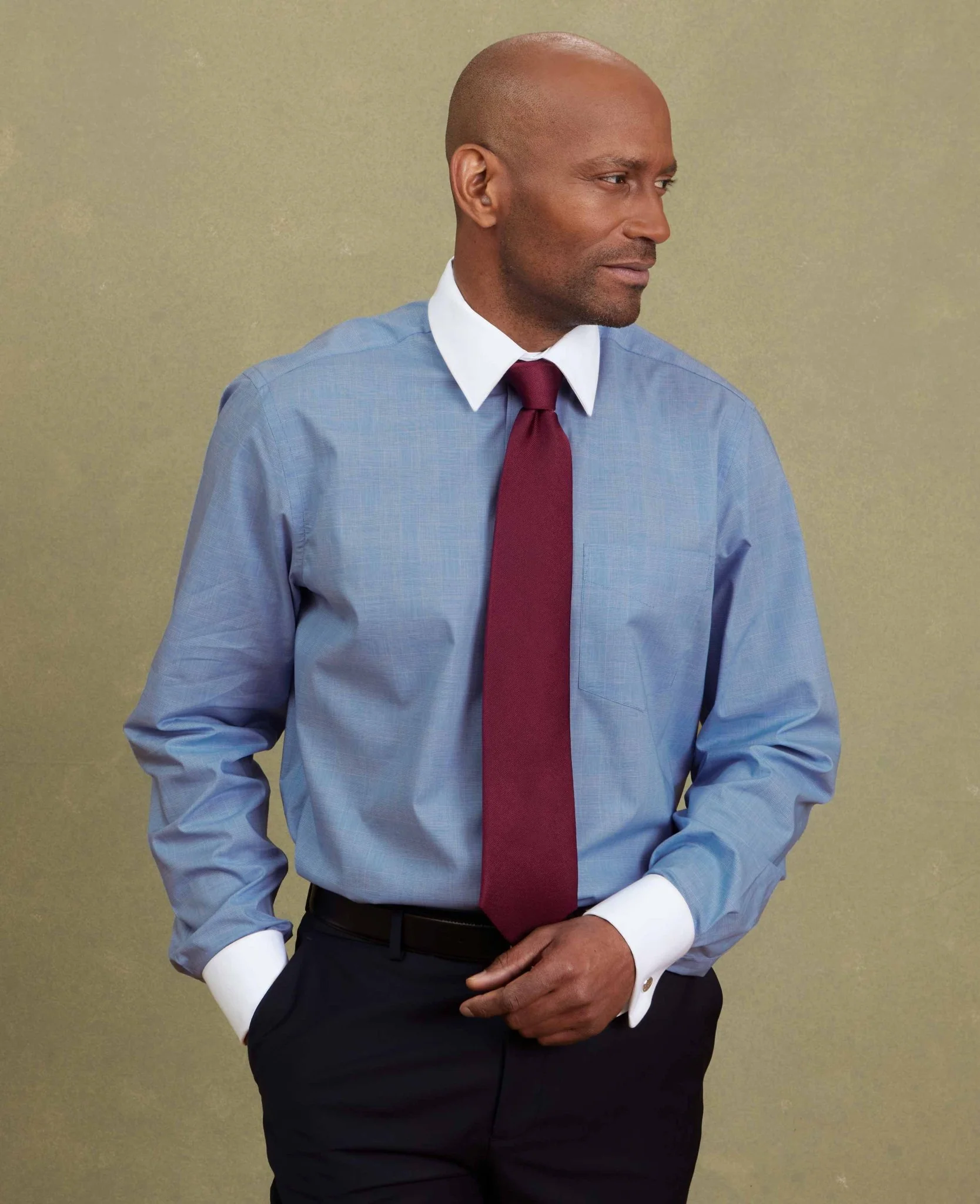 Navy Cotton Prince of Wales Check Classic Fit Winchester Formal Shirt - Double Cuff - Image 4