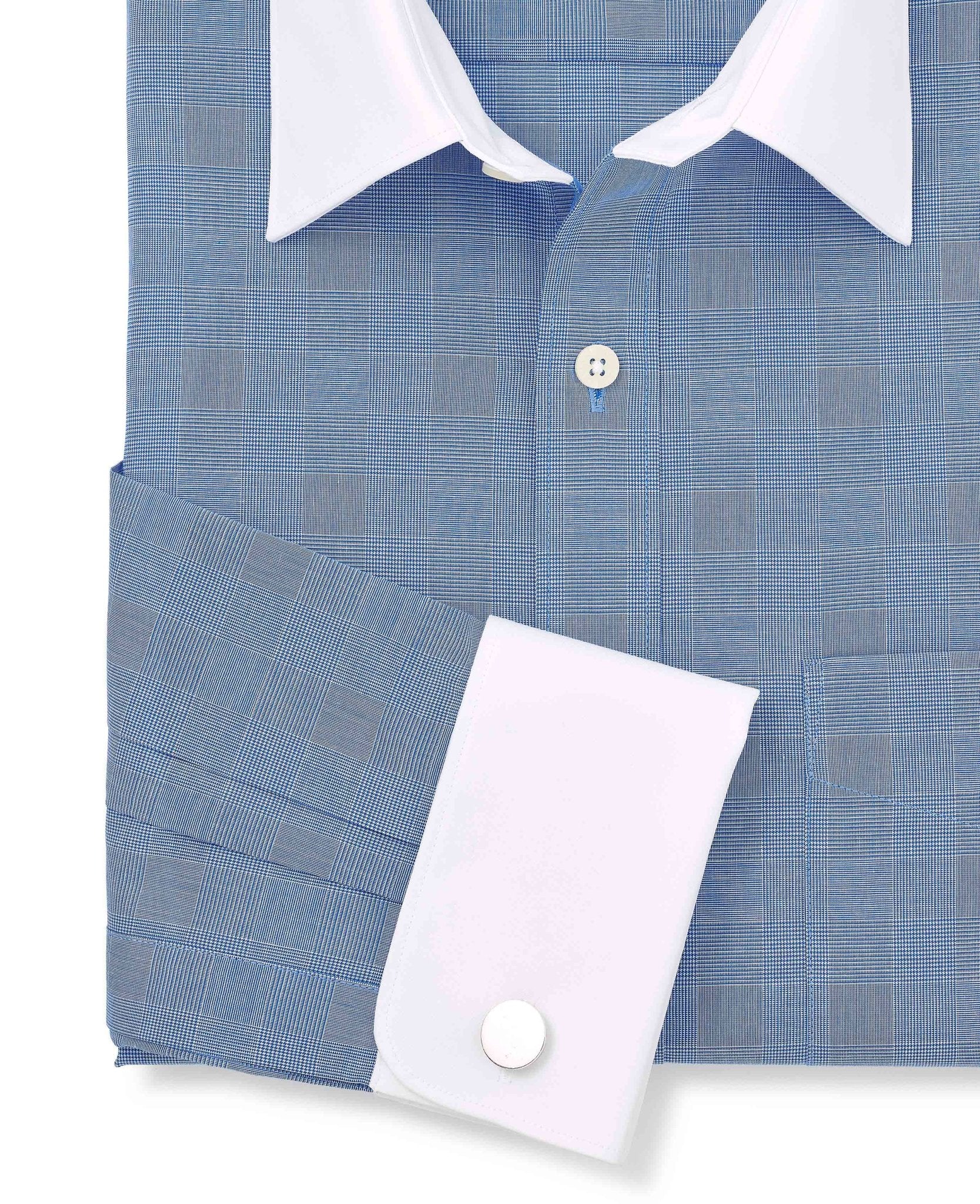 Navy Cotton Prince of Wales Check Classic Fit Winchester Formal Shirt - Double Cuff - Image 5