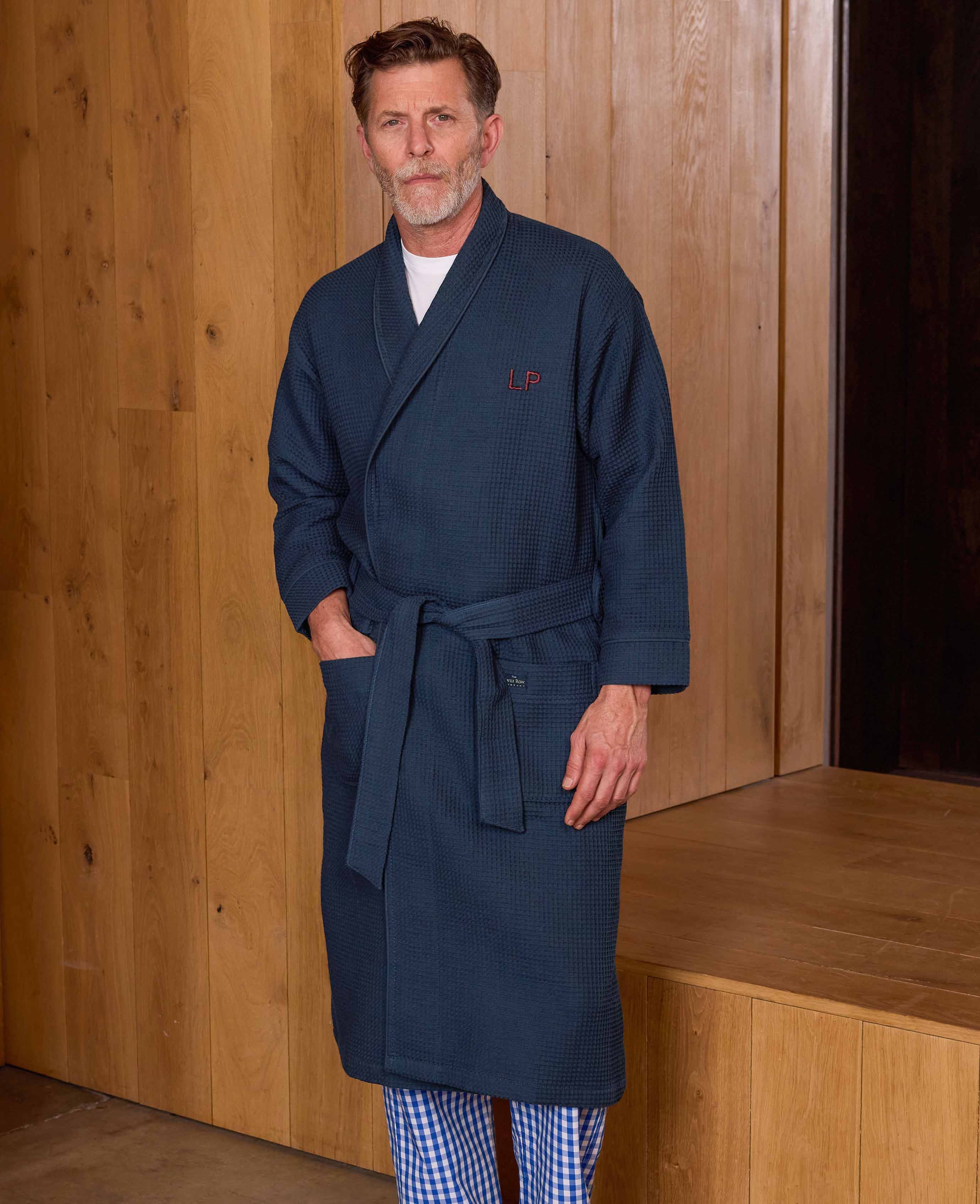 Navy Cotton Waffle Dressing Gown With Terry Cotton Lining - Image 3
