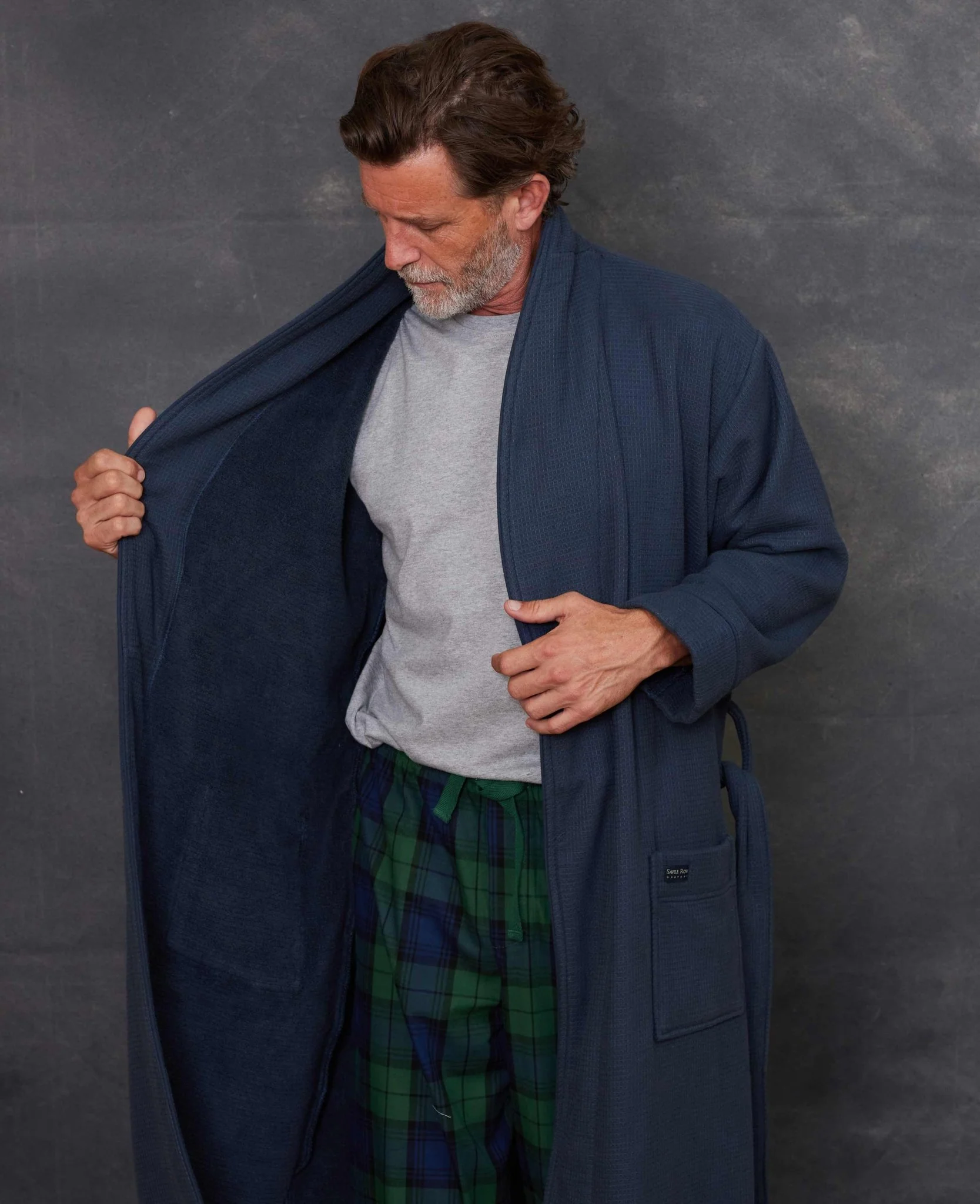Navy Cotton Waffle Dressing Gown With Terry Cotton Lining - Image 5