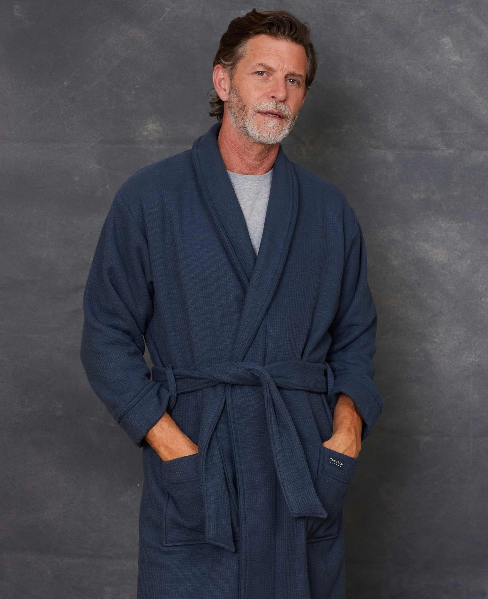 Navy Cotton Waffle Dressing Gown With Terry Cotton Lining - Image 7