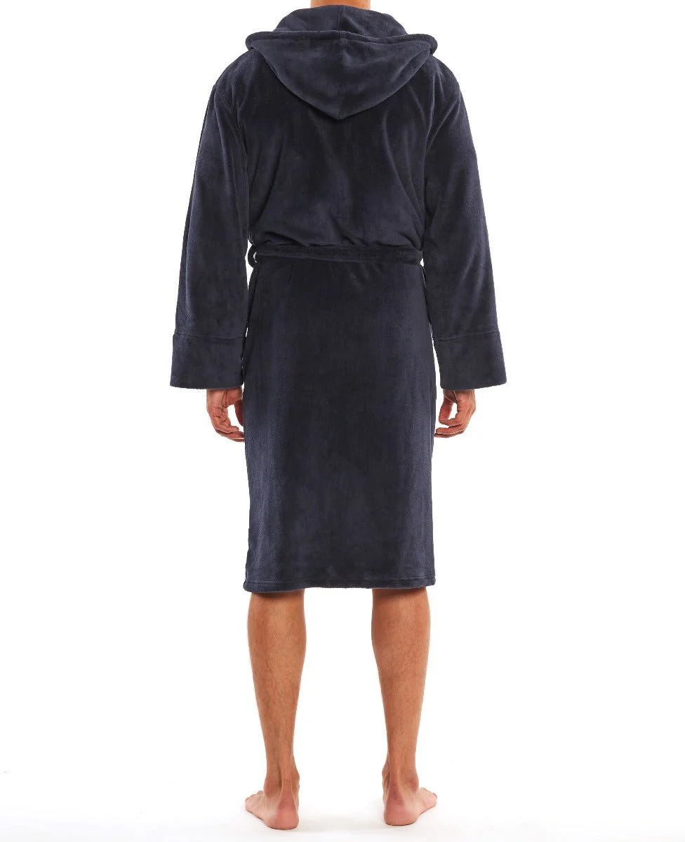 Navy Fleece Dressing Gown With Hood - Image 6