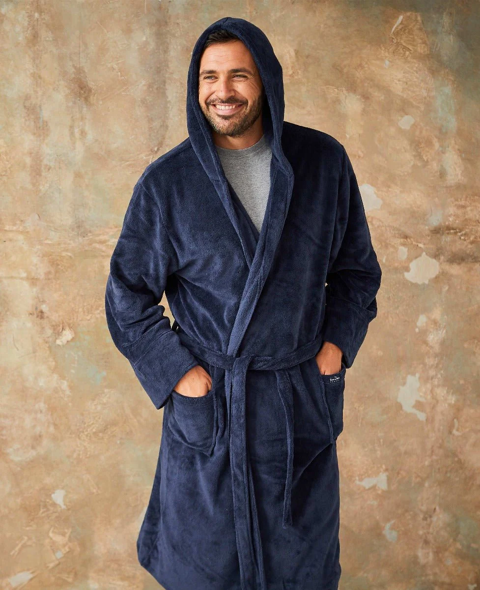 Navy Fleece Dressing Gown With Hood - Image 7