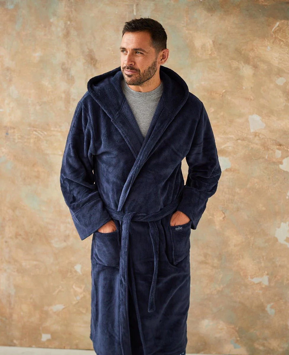 Navy Fleece Dressing Gown With Hood - Image 8