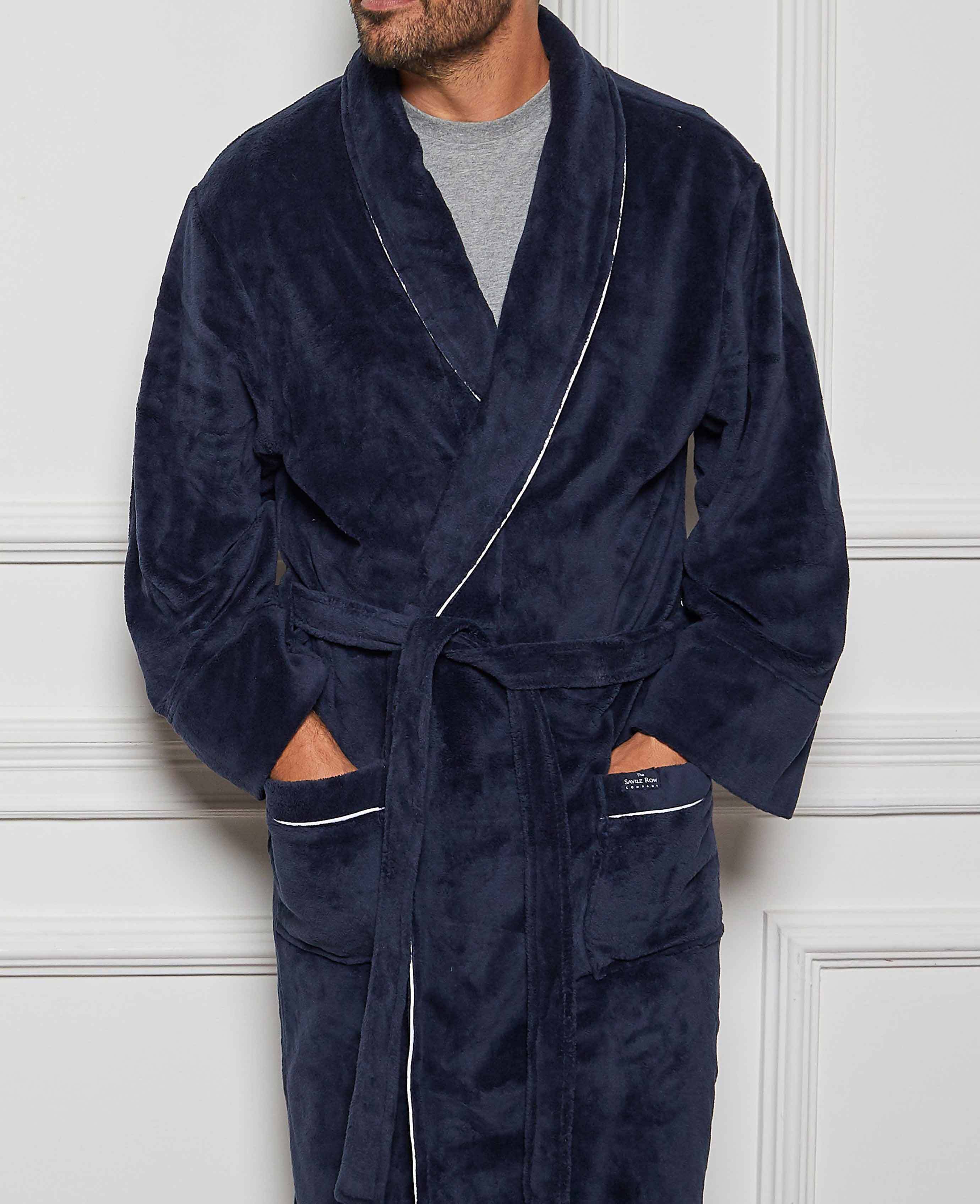 Navy Fleece Dressing Gown With Piping - Image 3
